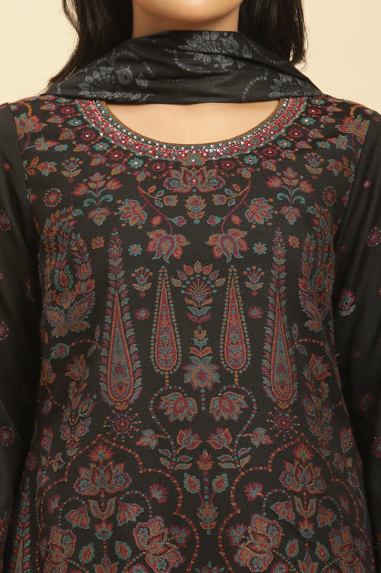 Black Printed Acrylic Kurta, Pants And Shawl Set - Image 7