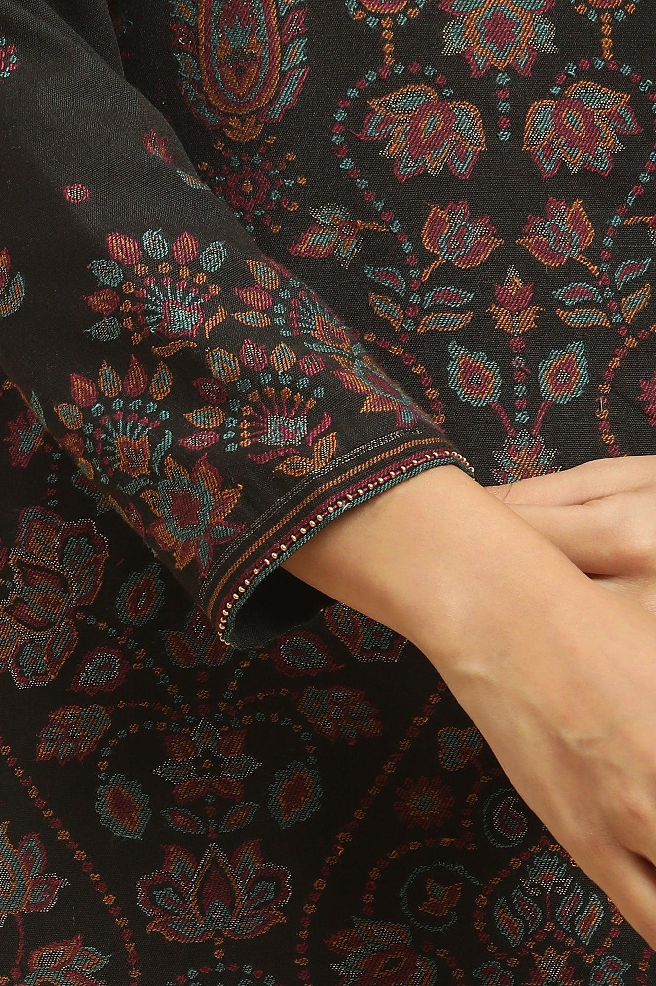 Black Printed Acrylic Kurta, Pants And Shawl Set - Image 8
