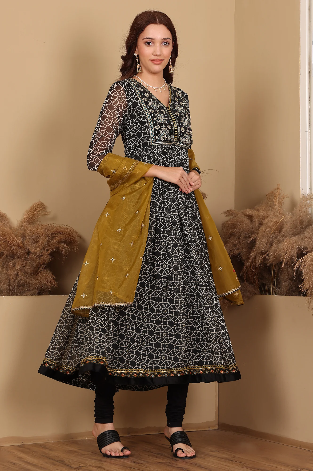 Black Printed Chiffon Kurta with Embroidery, Churidar and Dupatta Set - Image 2