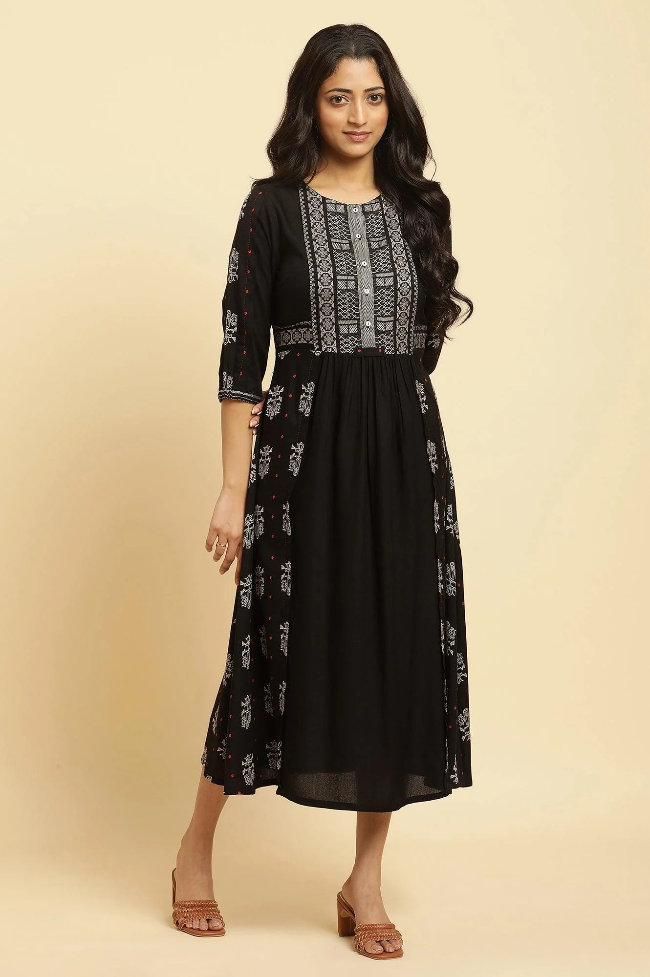 Black Printed Gathered Dress - Image 2