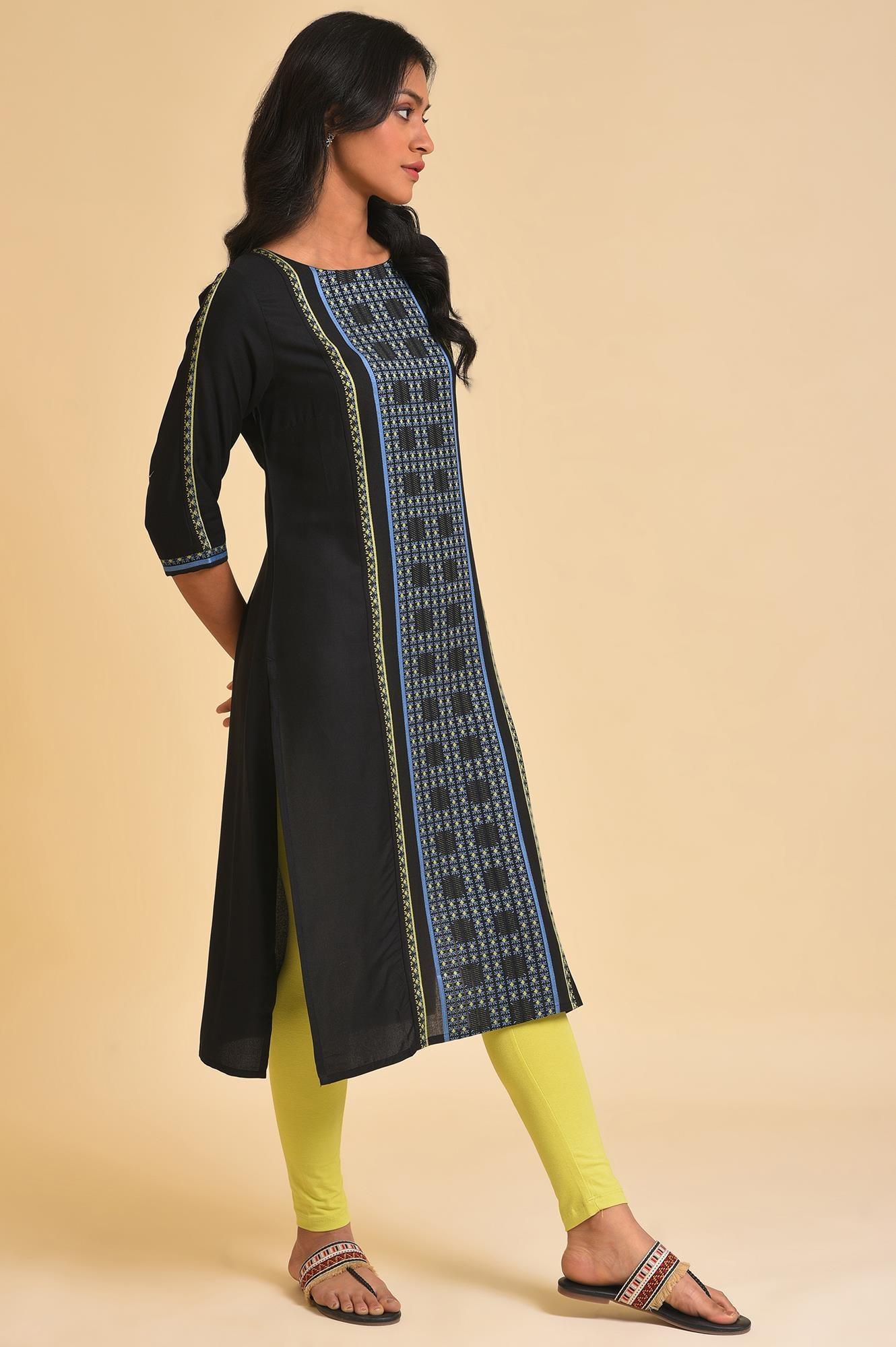 Black Printed kurta & Tights Set - Image 4