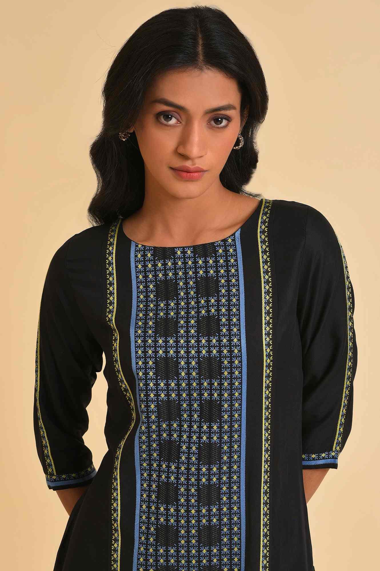 Black Printed kurta & Tights Set - Image 5