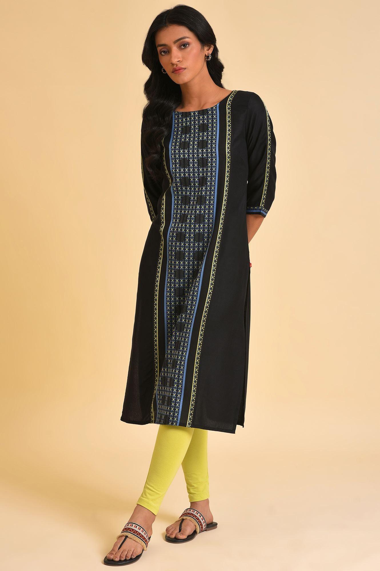 Black Printed kurta & Tights Set - Image 8