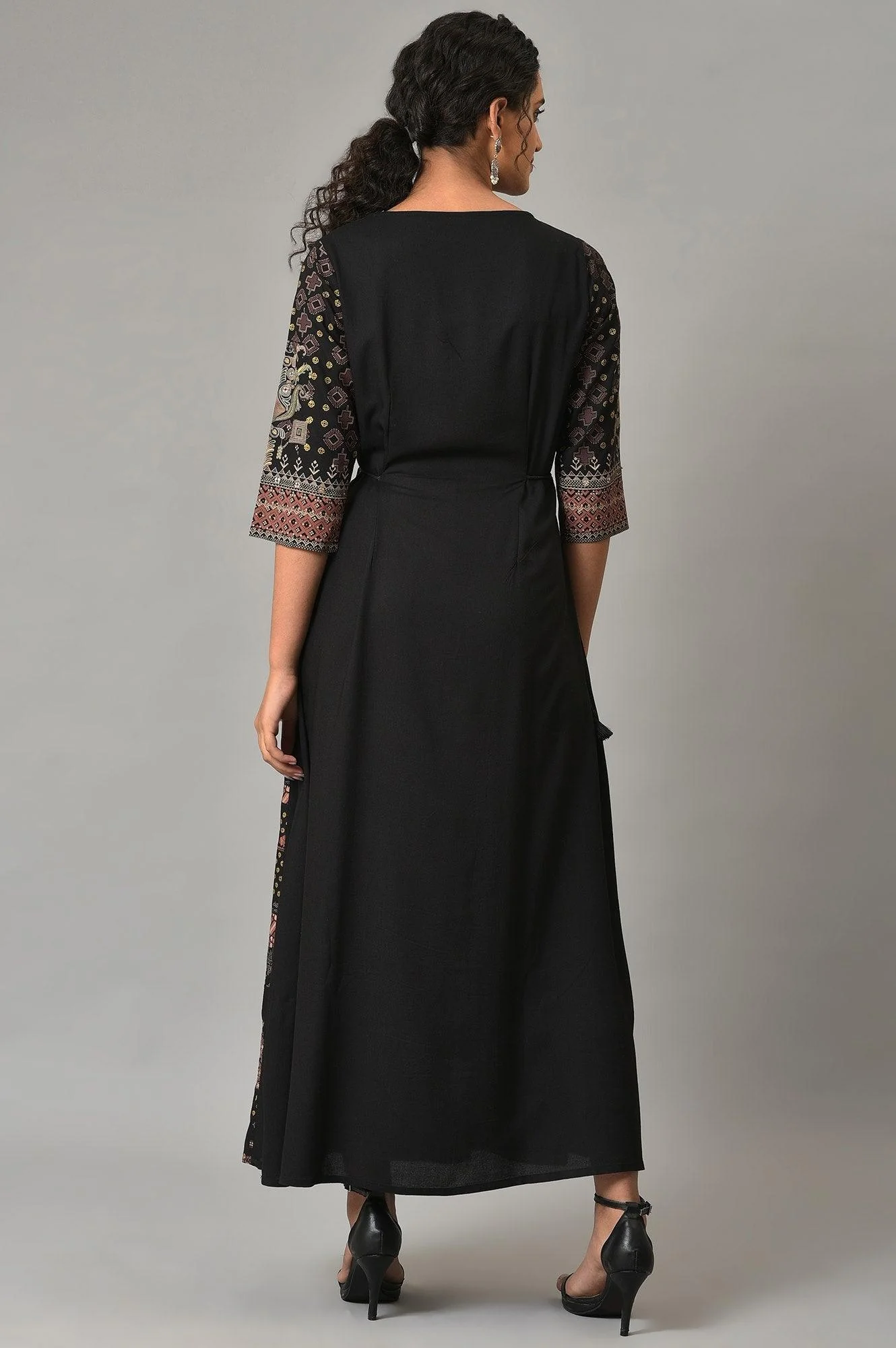 Black Printed Long Dress With Embellished Yoke - Image 2