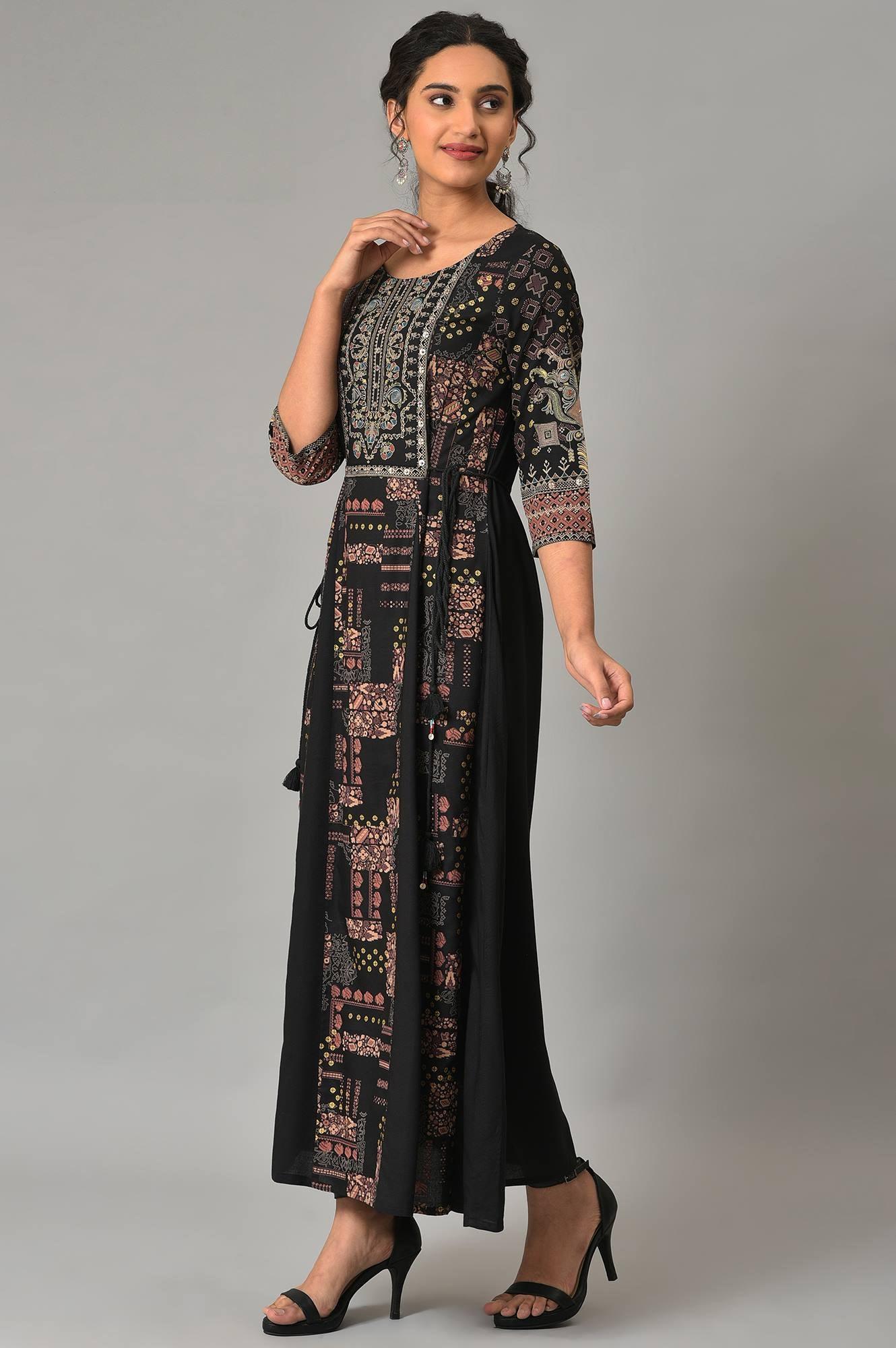 Black Printed Long Dress With Embellished Yoke - Image 3