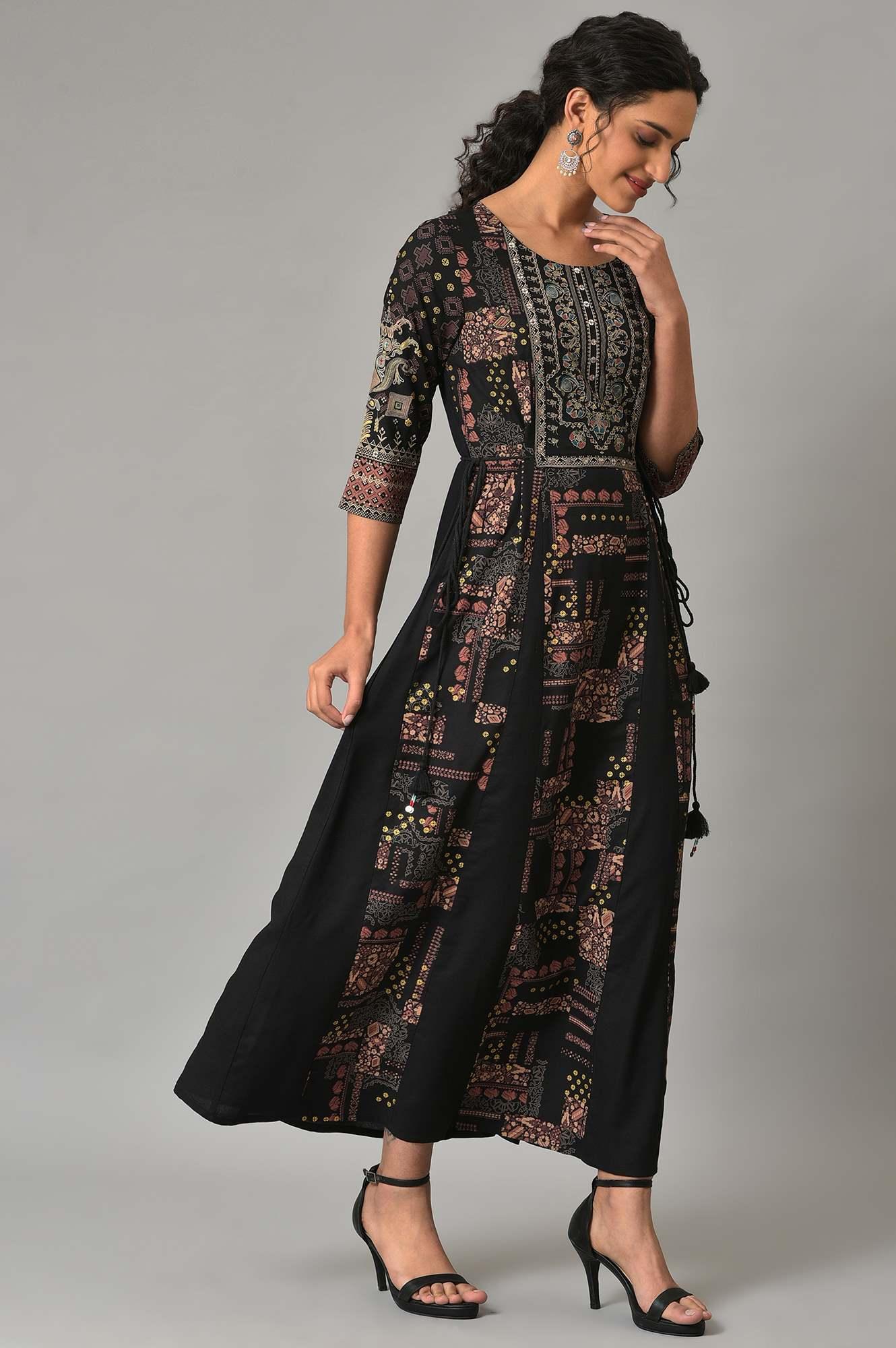 Black Printed Long Dress With Embellished Yoke - Image 4