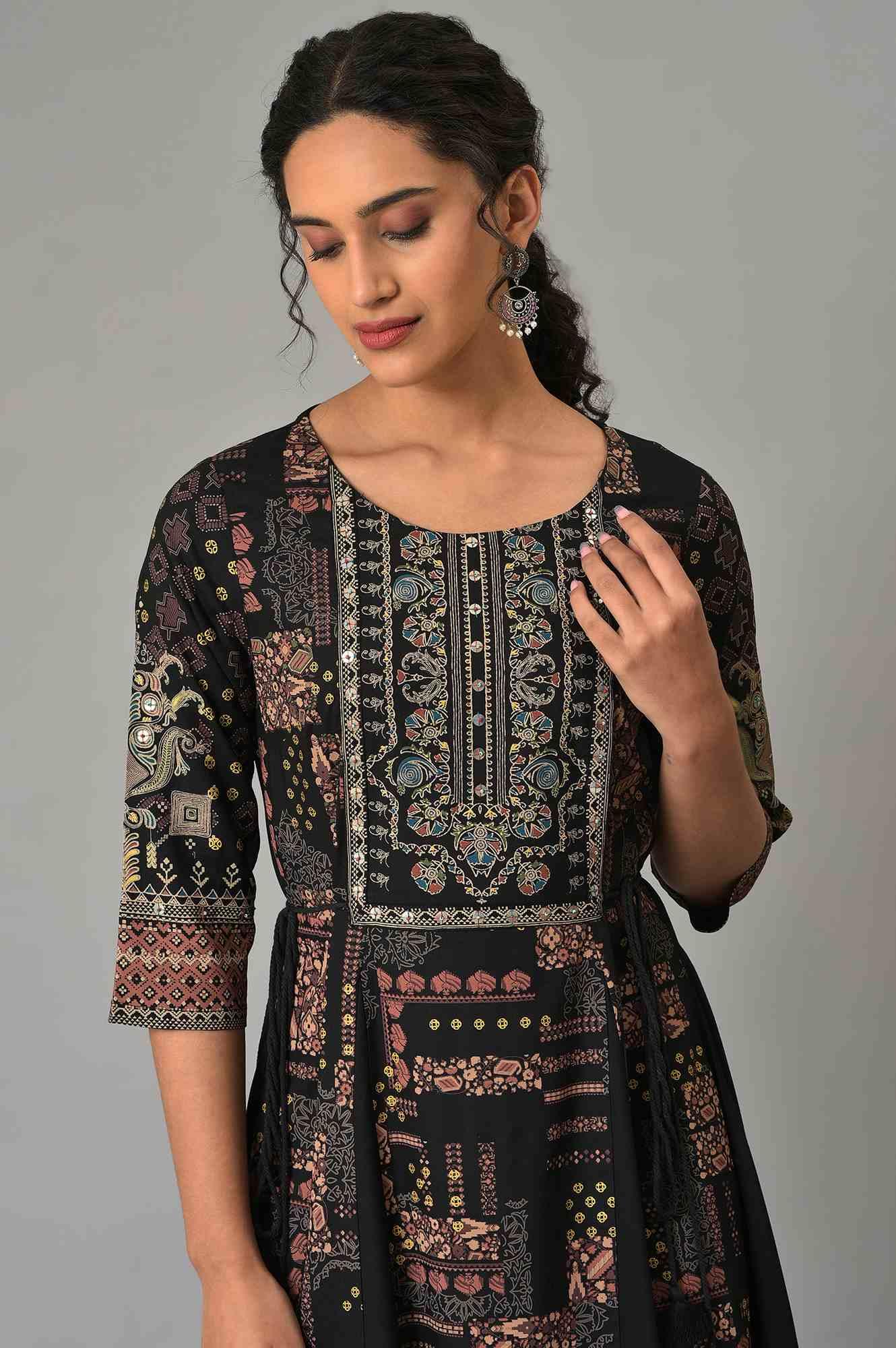 Black Printed Long Dress With Embellished Yoke - Image 5