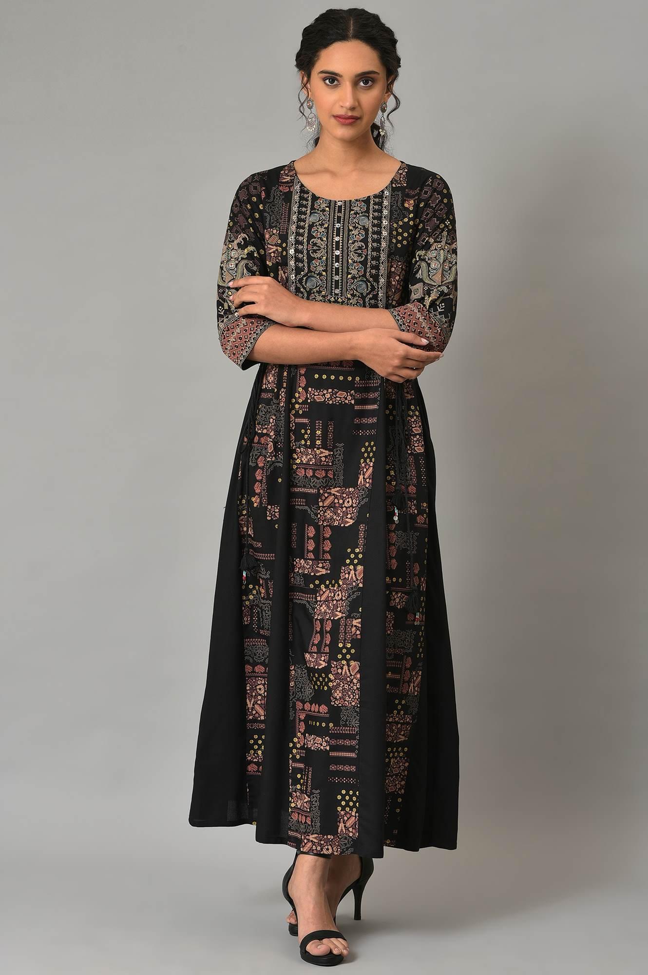 Black Printed Long Dress With Embellished Yoke - Image 6