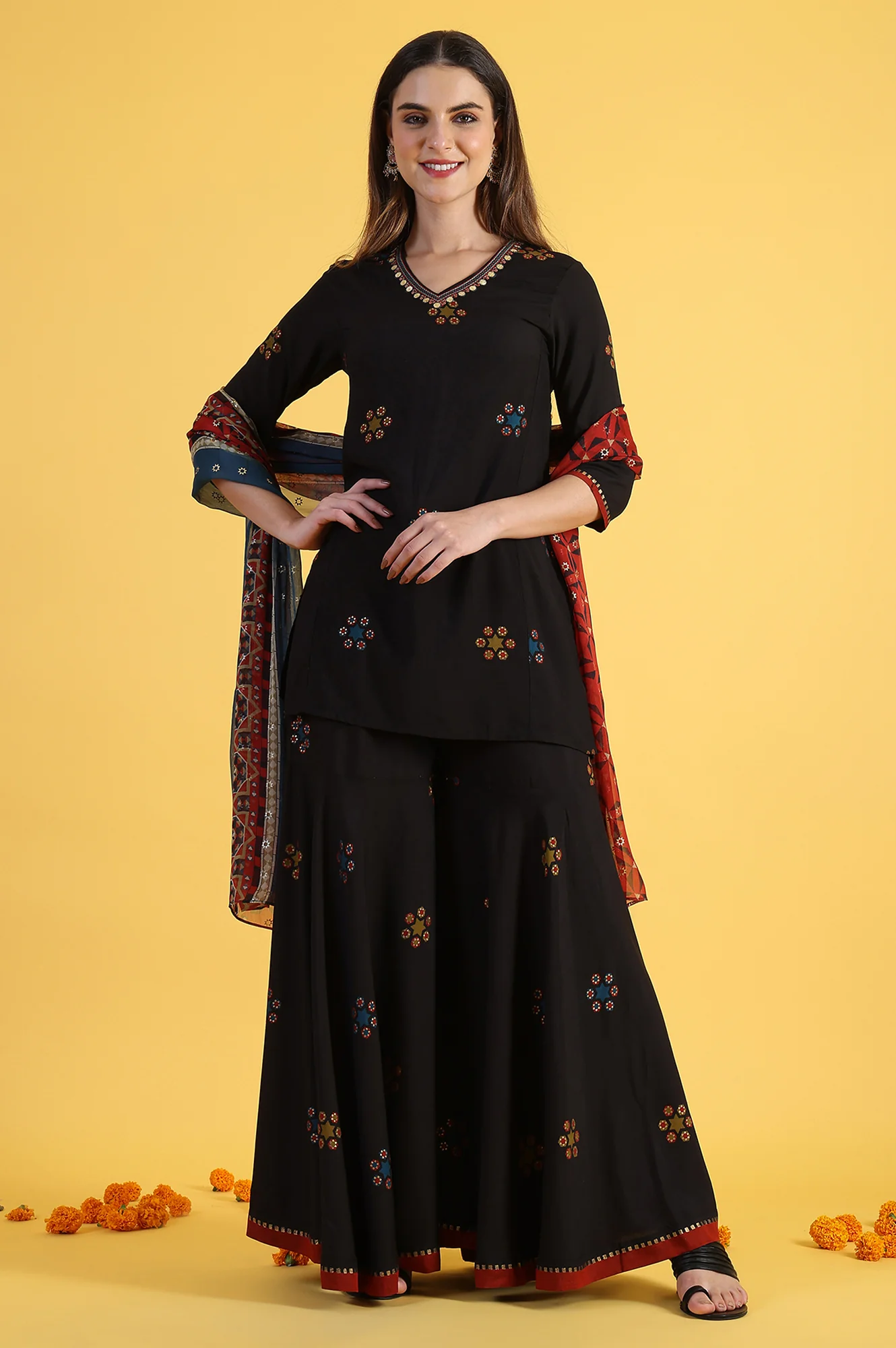 Black Printed Metallic Embroidery Straight Kurta & Sharara with Dupatta Set - Image 2