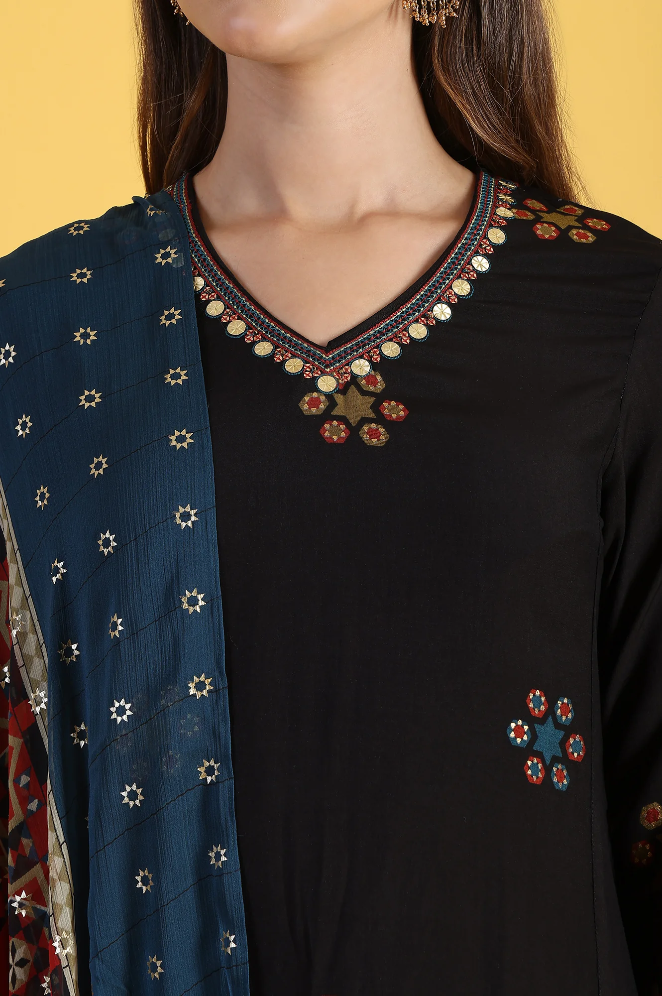 Black Printed Metallic Embroidery Straight Kurta & Sharara with Dupatta Set - Image 3