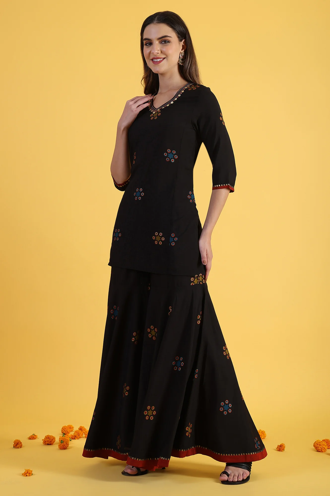 Black Printed Metallic Embroidery Straight Kurta & Sharara with Dupatta Set - Image 4