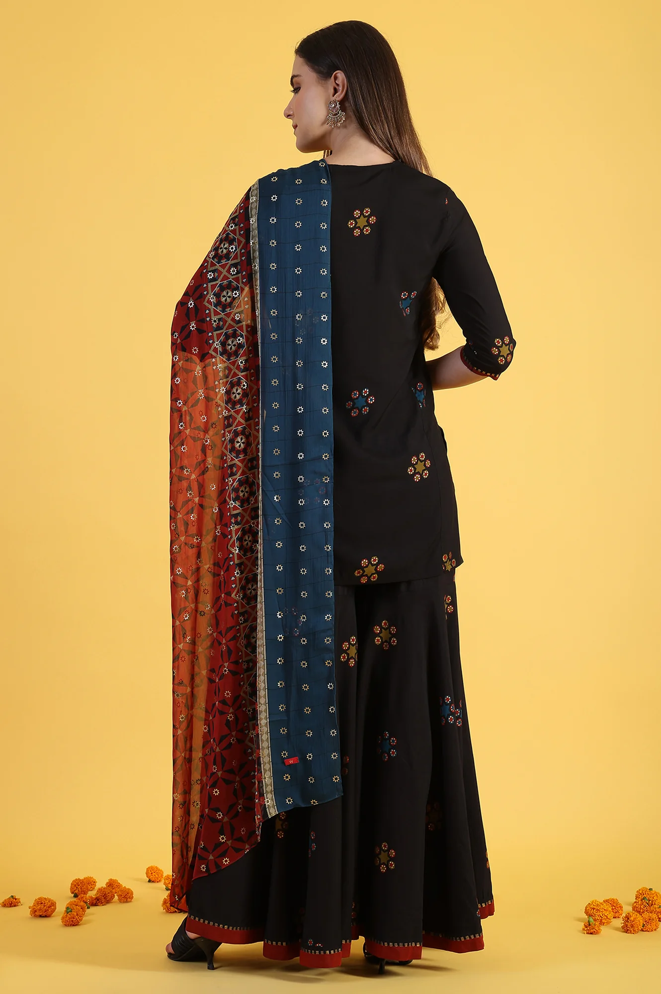 Black Printed Metallic Embroidery Straight Kurta & Sharara with Dupatta Set - Image 5