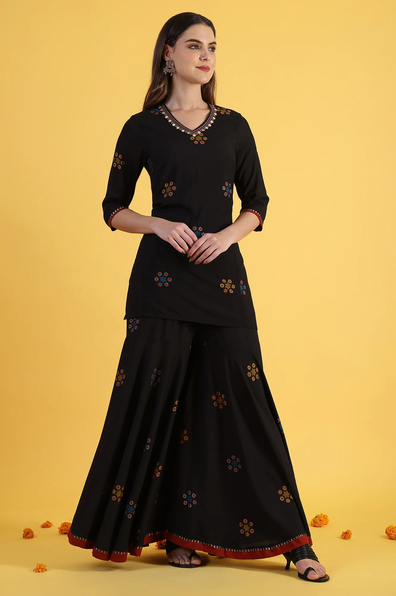 Black Printed Metallic Embroidery Straight Kurta & Sharara with Dupatta Set - Image 6