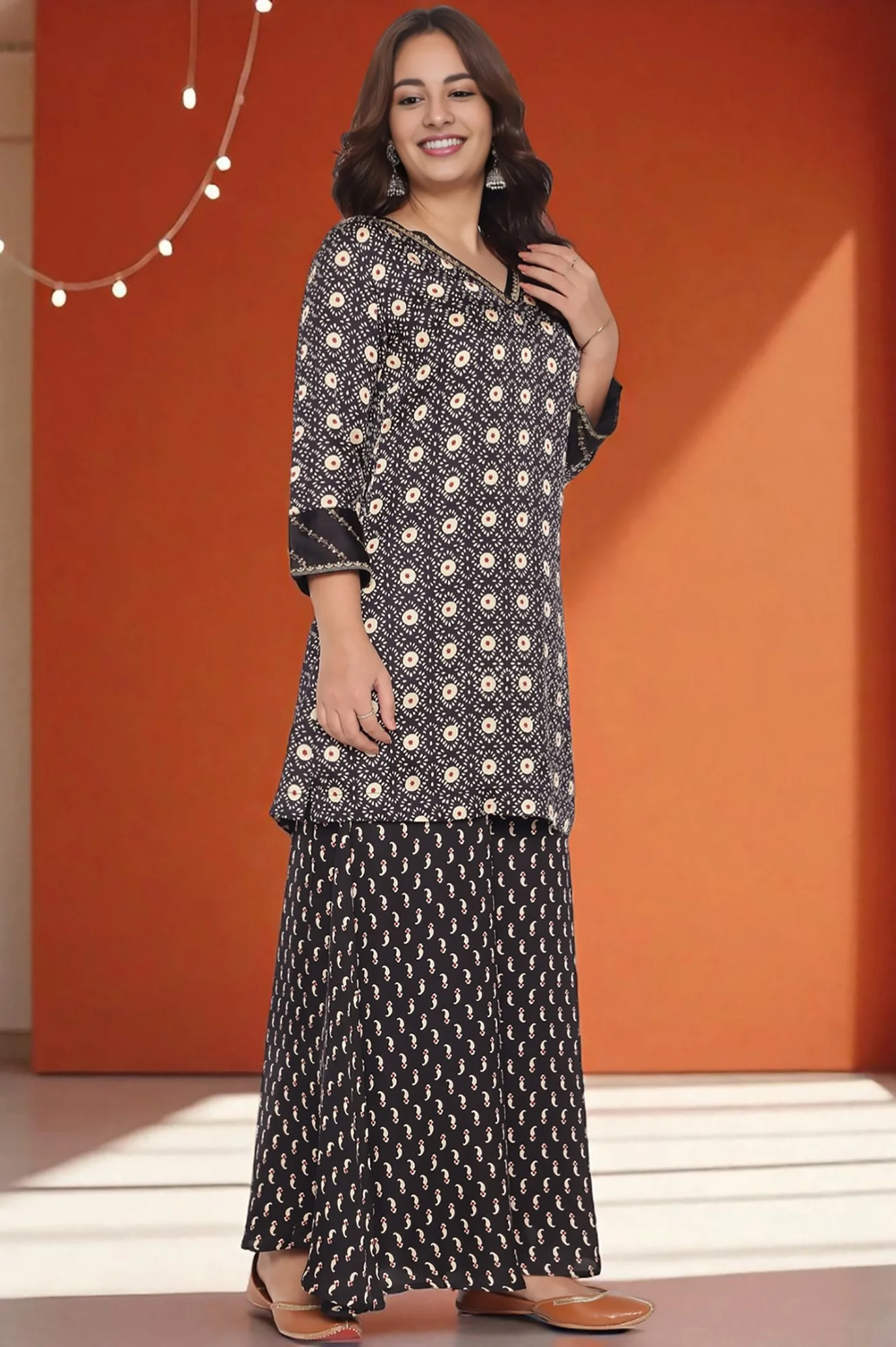 Black Printed Modal Satin Straight Kurta, Sharara and Dupatta Set - Image 3