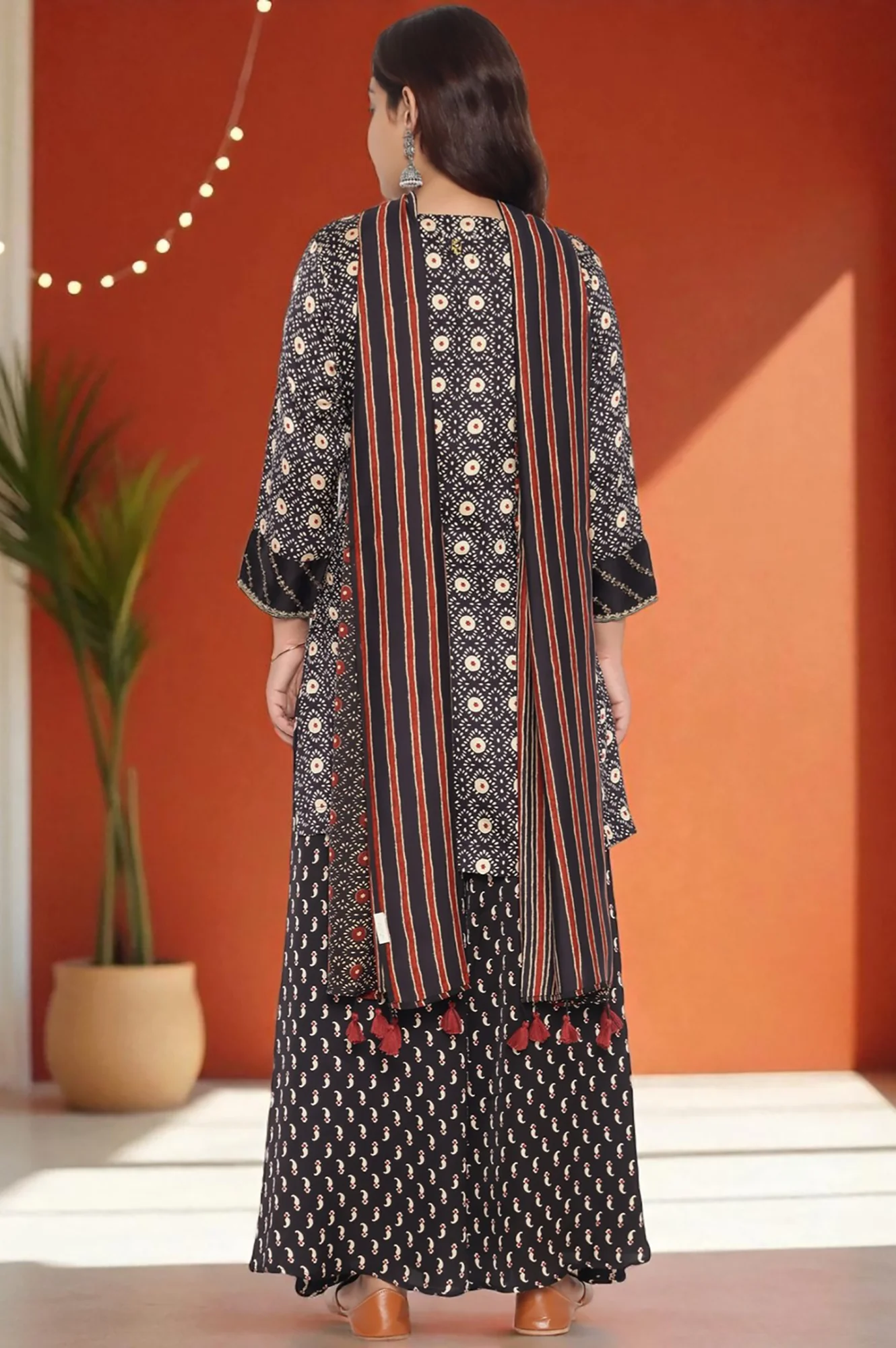 Black Printed Modal Satin Straight Kurta, Sharara and Dupatta Set - Image 4