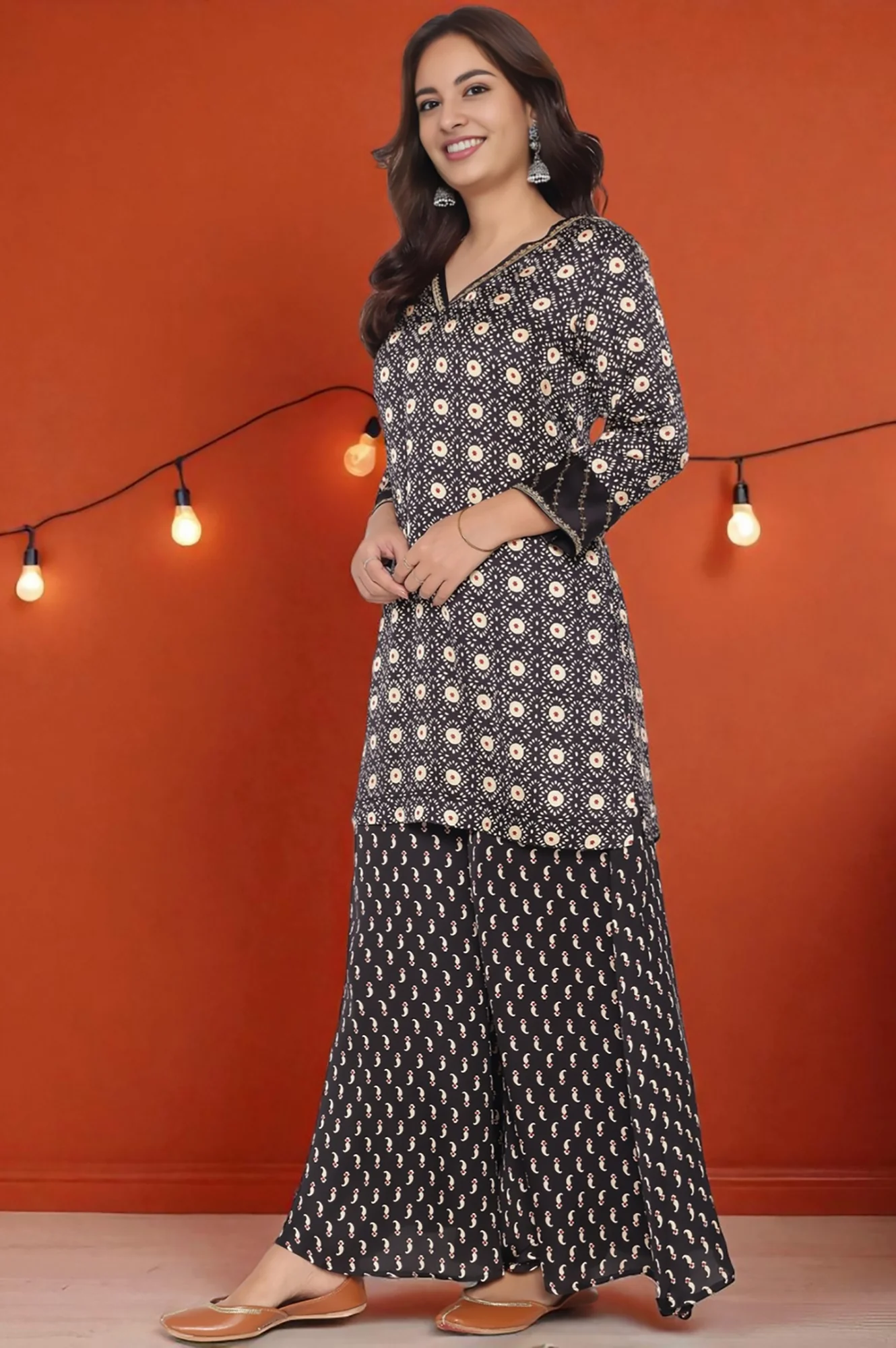 Black Printed Modal Satin Straight Kurta, Sharara and Dupatta Set - Image 5