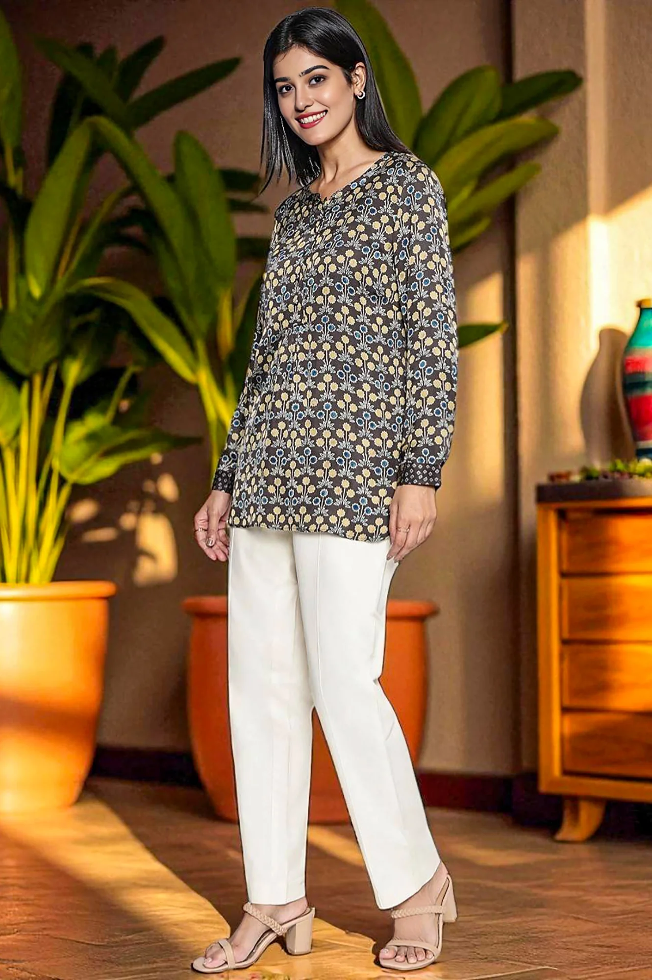 Black Printed Modal Satin Straight Top - Image 2
