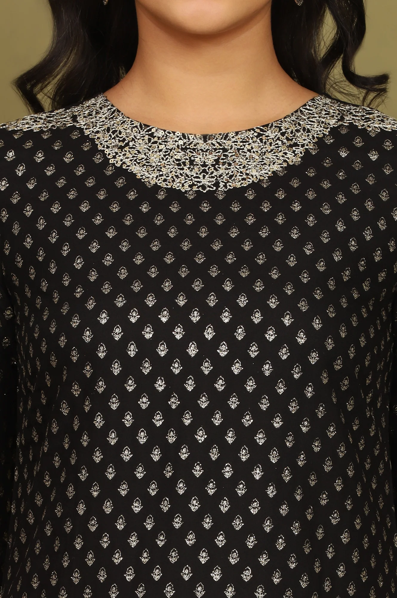 Black Glitter Printed Rayon Straight Kurta with Embroidered Neck - Image 2