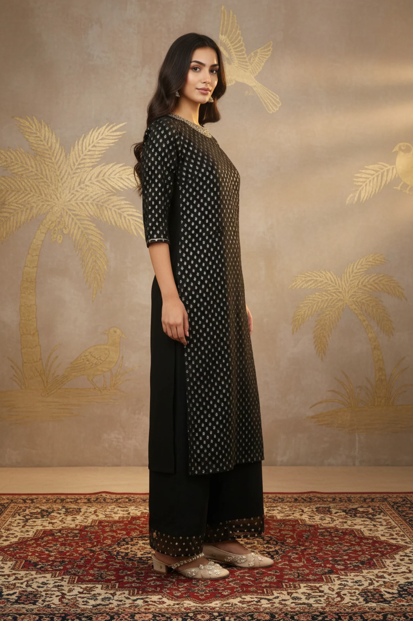Black Glitter Printed Rayon Straight Kurta with Embroidered Neck - Image 5