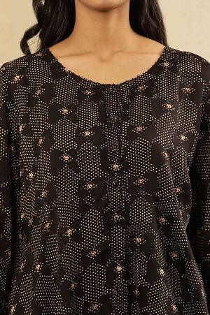 Black Printed Round Neck Flared Top In Lustrous Satin - Image 6