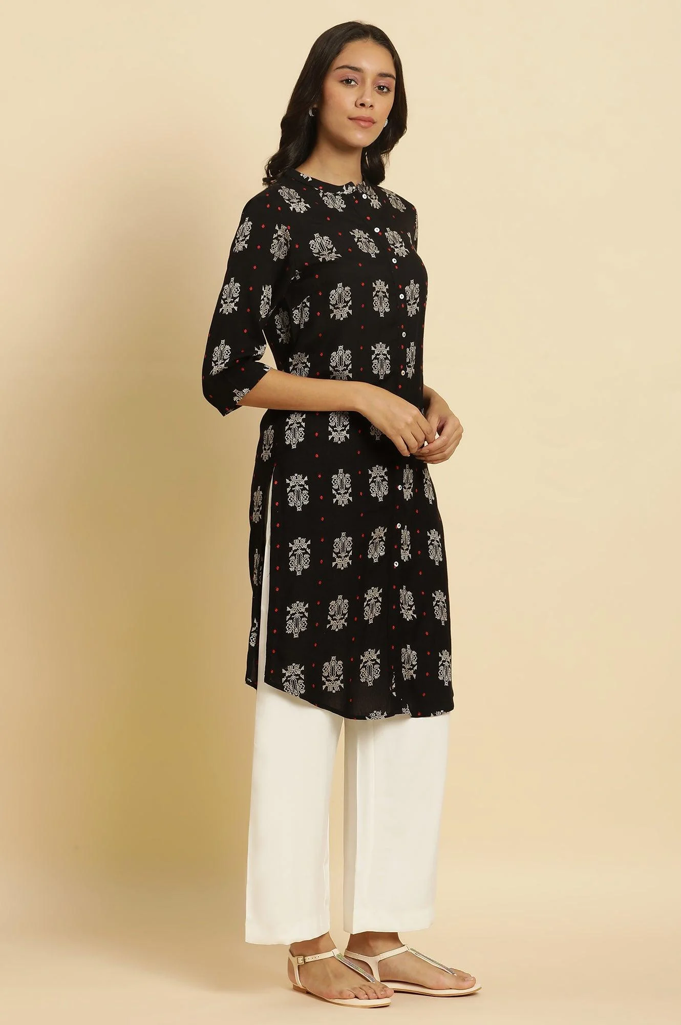 Black Abstract Printed Rayon Shirt-Style Kurta - Image 5