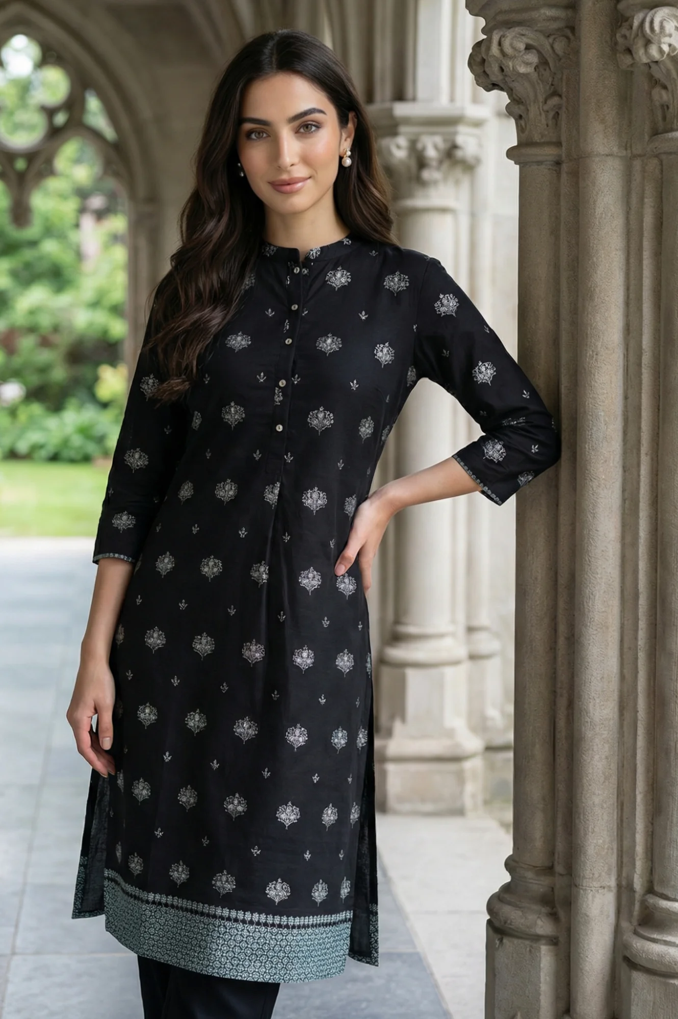 Black Geometric Printed Pure Cotton Straight Kurta - Image 3