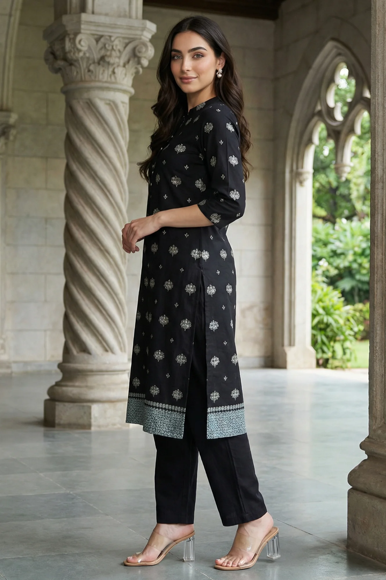 Black Geometric Printed Pure Cotton Straight Kurta - Image 4