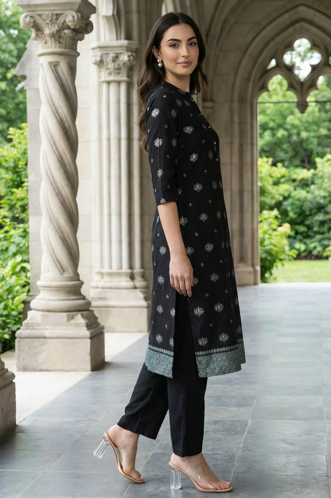 Black Geometric Printed Pure Cotton Straight Kurta - Image 6