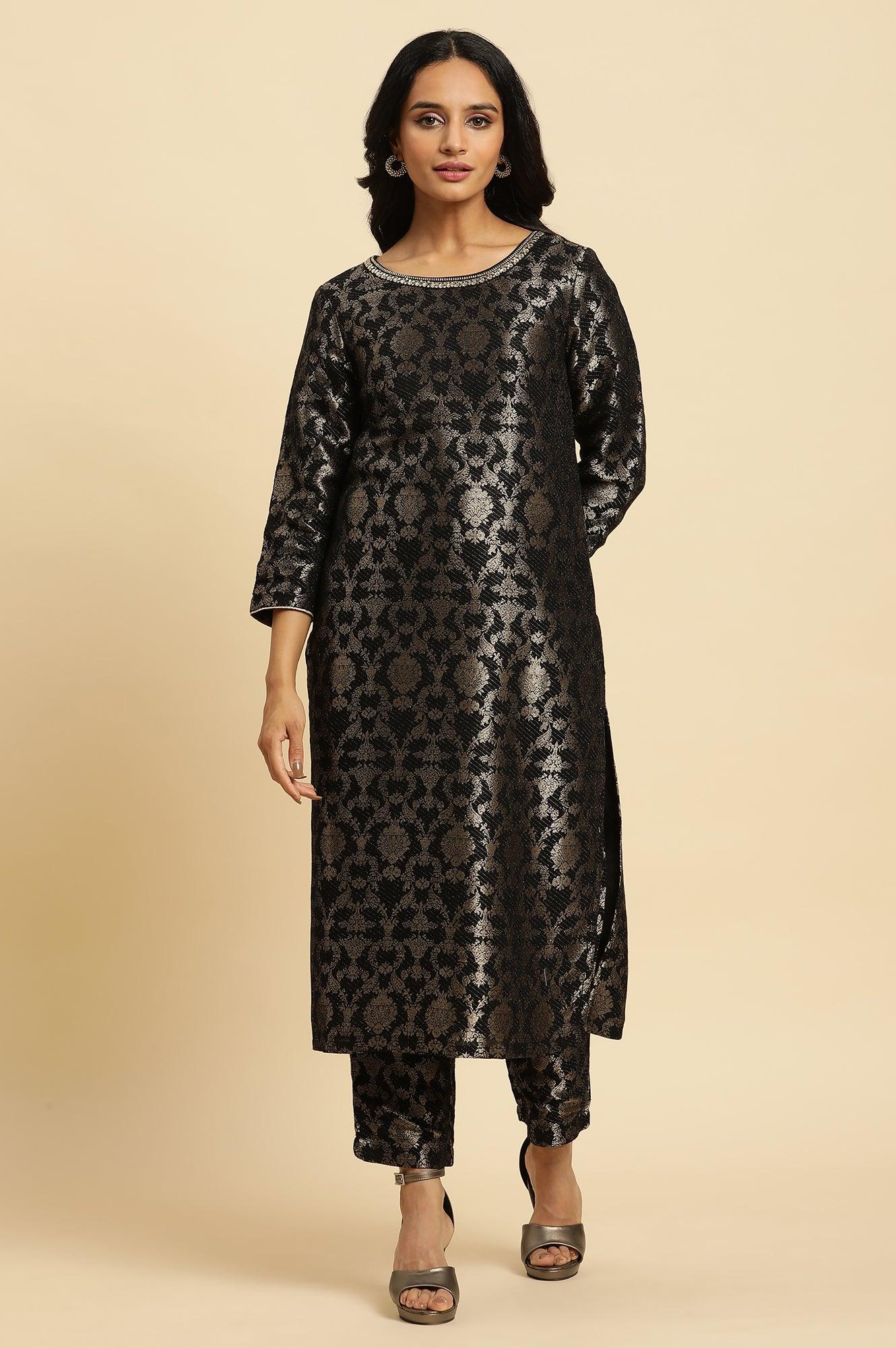 Black Rayon Jacquard Kurta And Pant Festive Set - Image 3