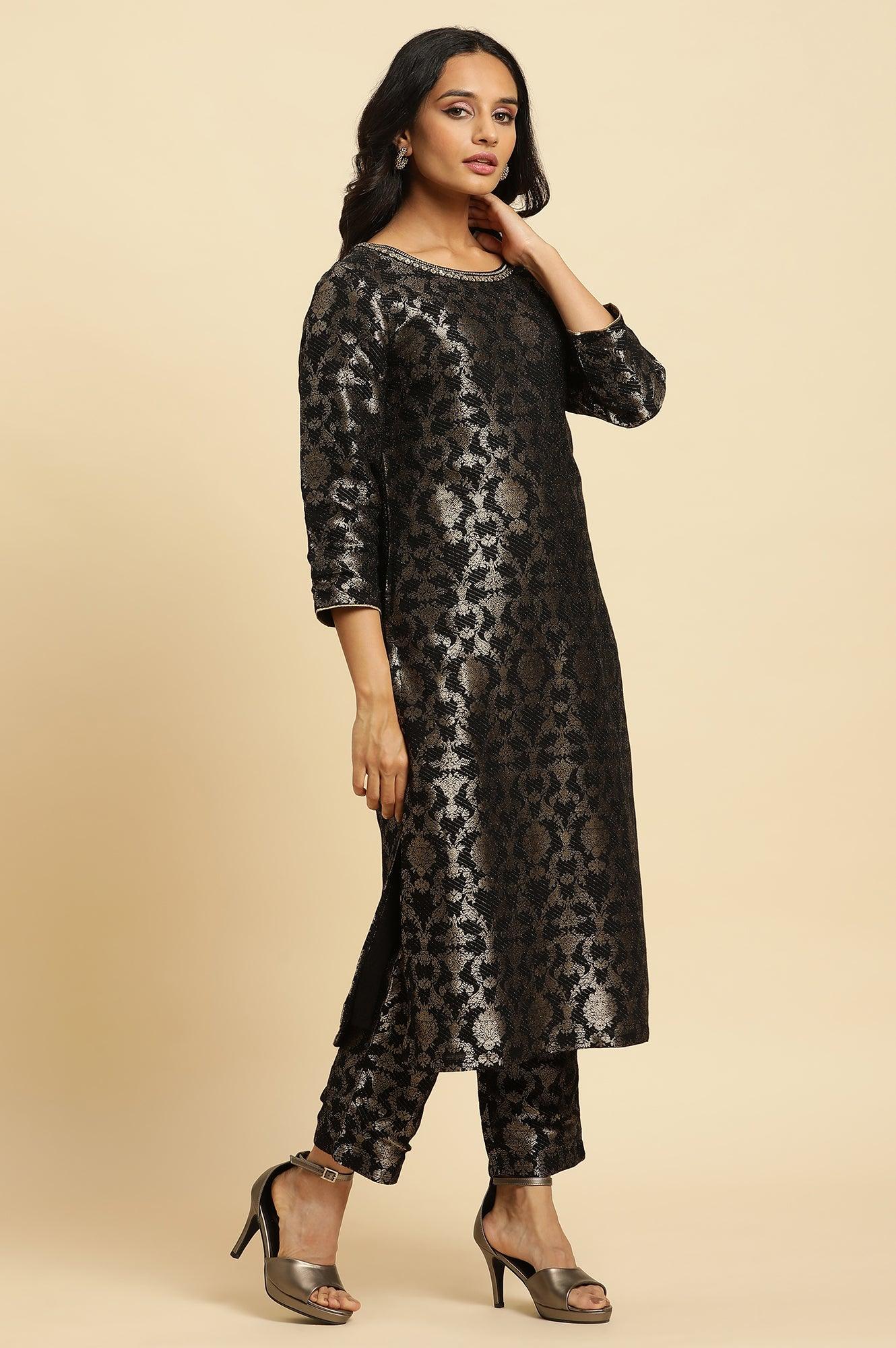 Black Rayon Jacquard Kurta And Pant Festive Set - Image 6