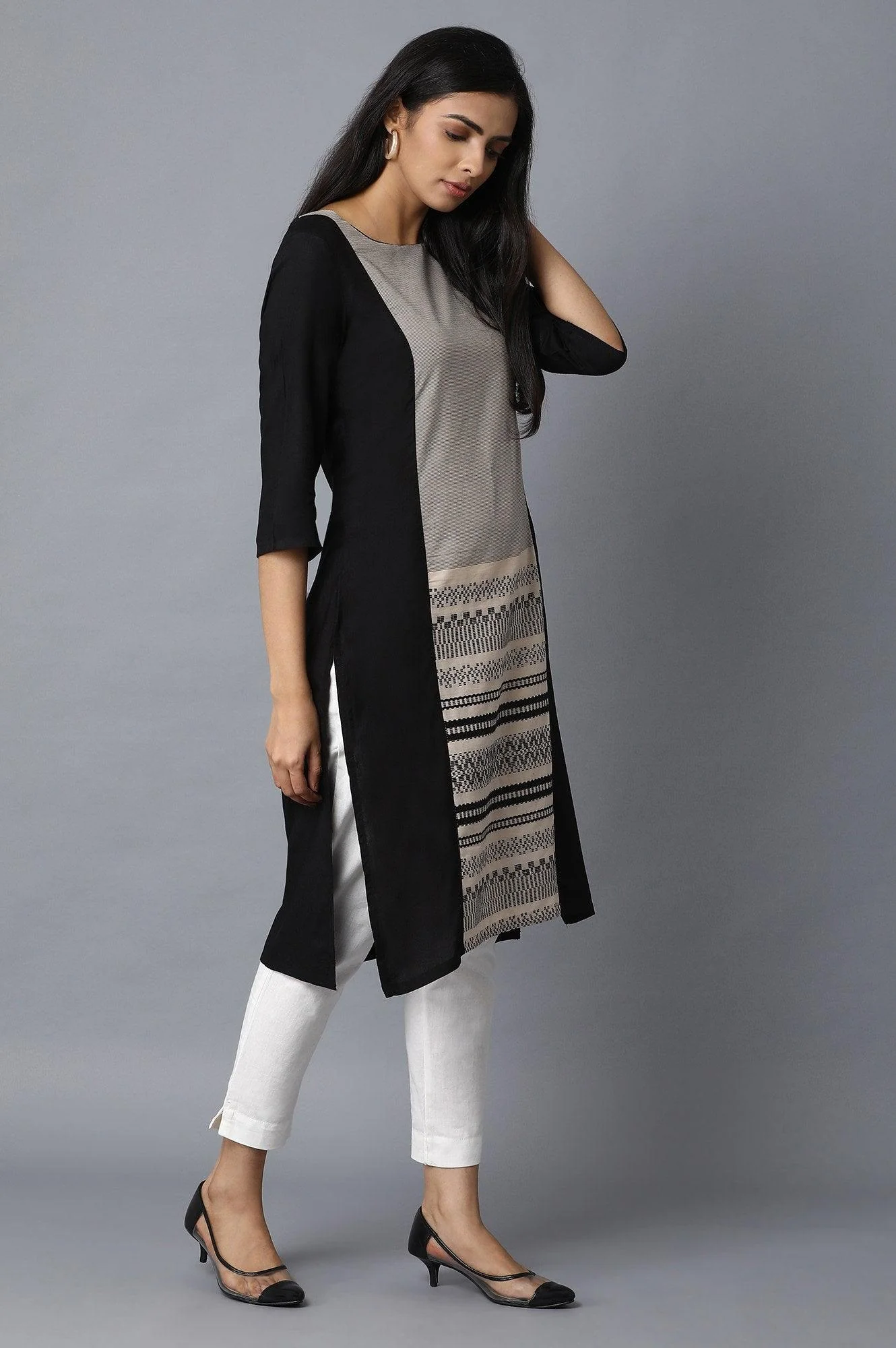 Black Rayon kurta with Centre Dobby Panel - Image 4