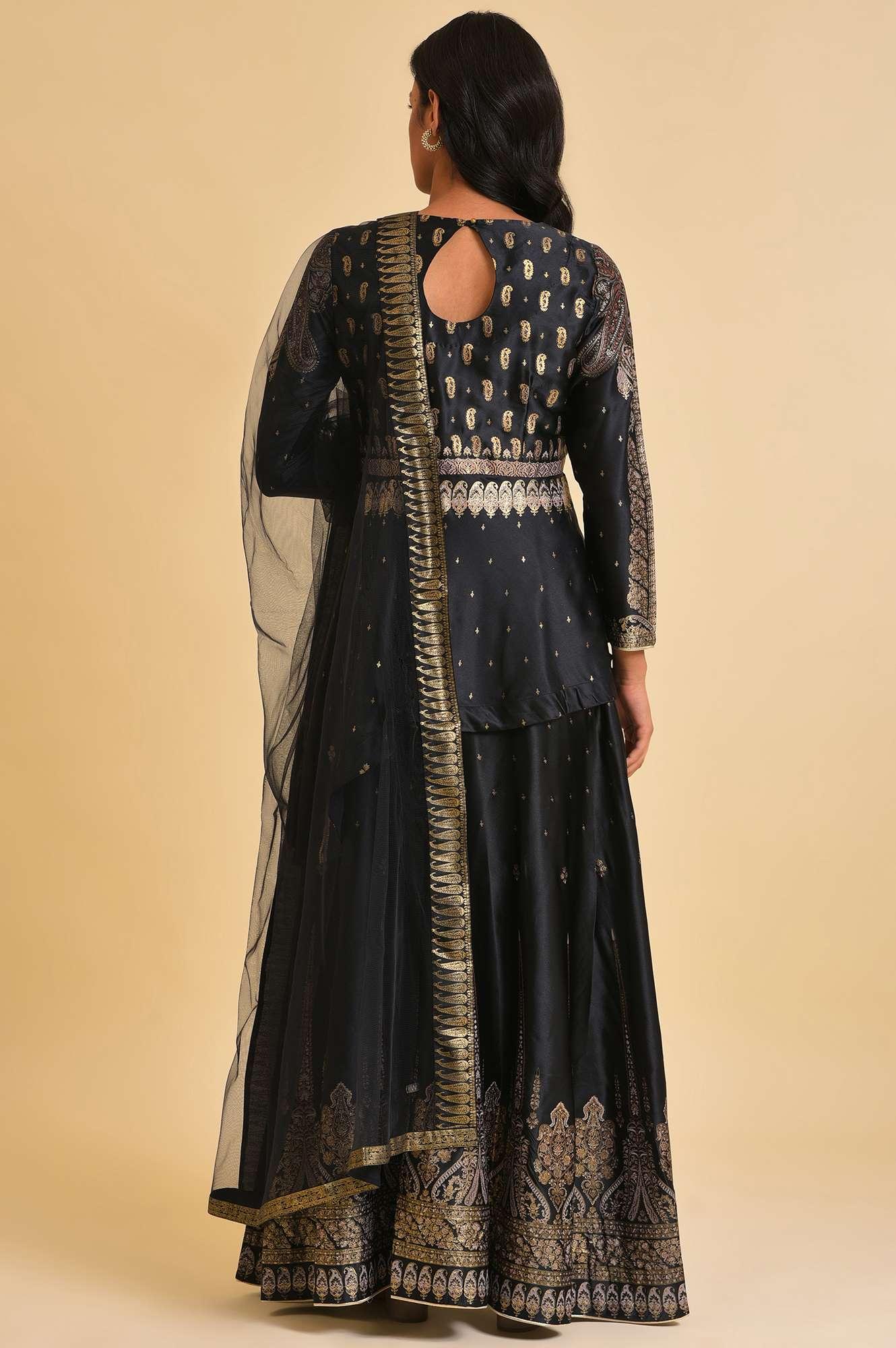 Black Satin Embellished Top With Skirt And Dupatta - Image 2