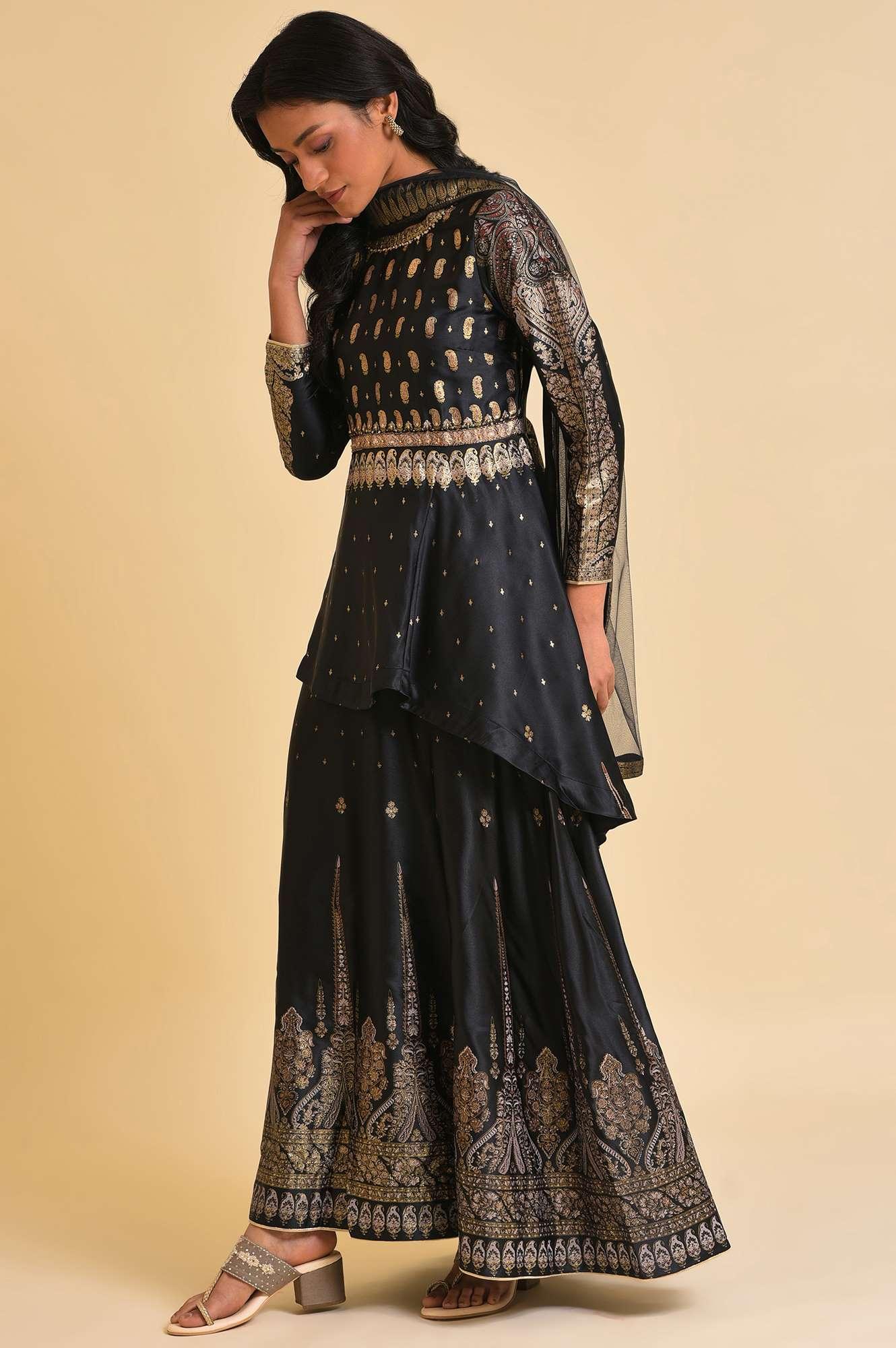 Black Satin Embellished Top With Skirt And Dupatta - Image 3