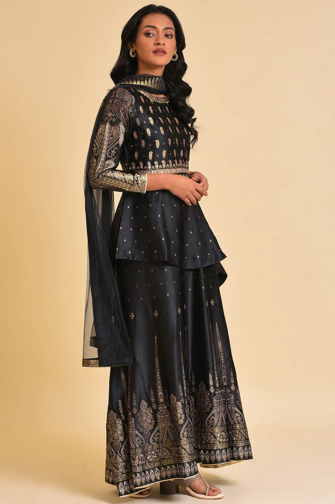 Black Satin Embellished Top With Skirt And Dupatta - Image 4