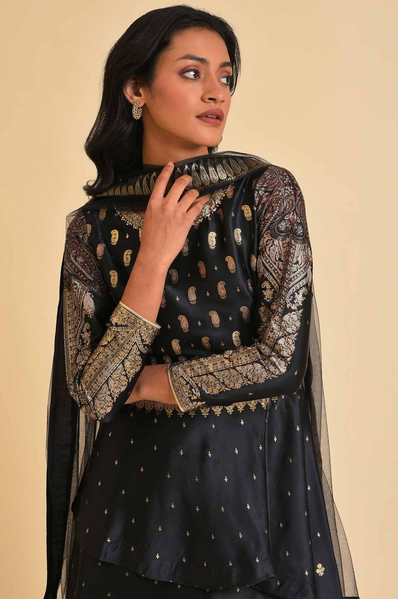 Black Satin Embellished Top With Skirt And Dupatta - Image 5