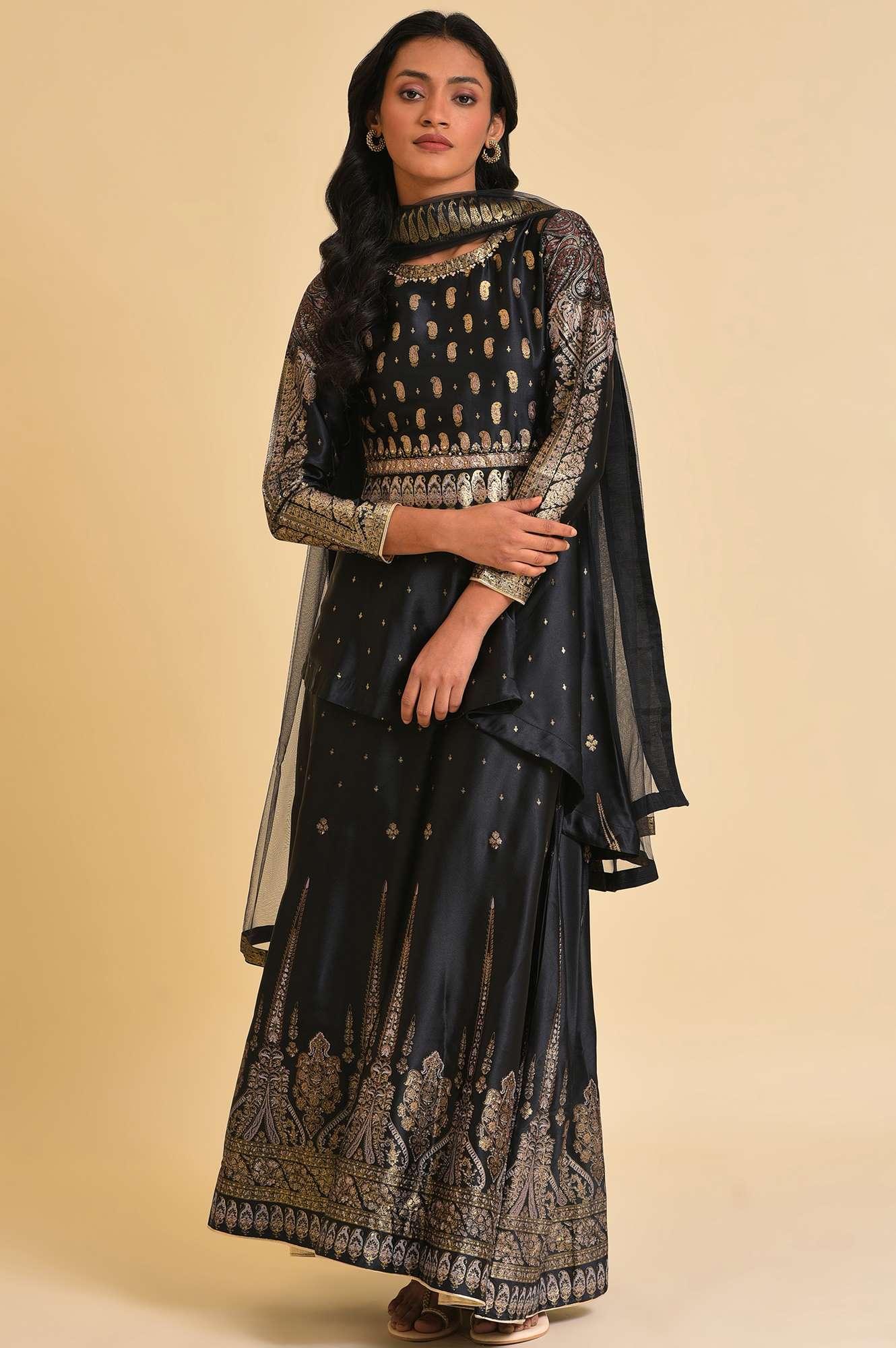 Black Satin Embellished Top With Skirt And Dupatta - Image 9