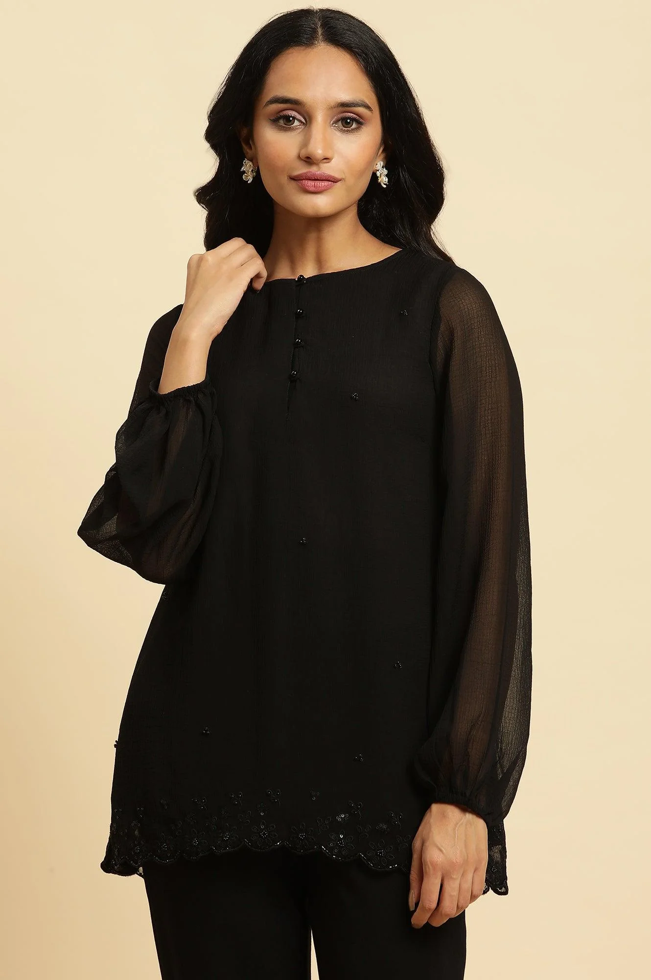 Black Scalloped Embellished Hemline Top