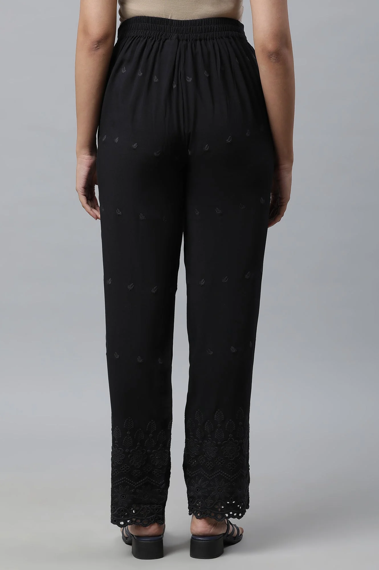 Elleven Women's Black Schiffli Embroidered Straight Fit Woven Palazzo With Elasticated Waist - Image 4