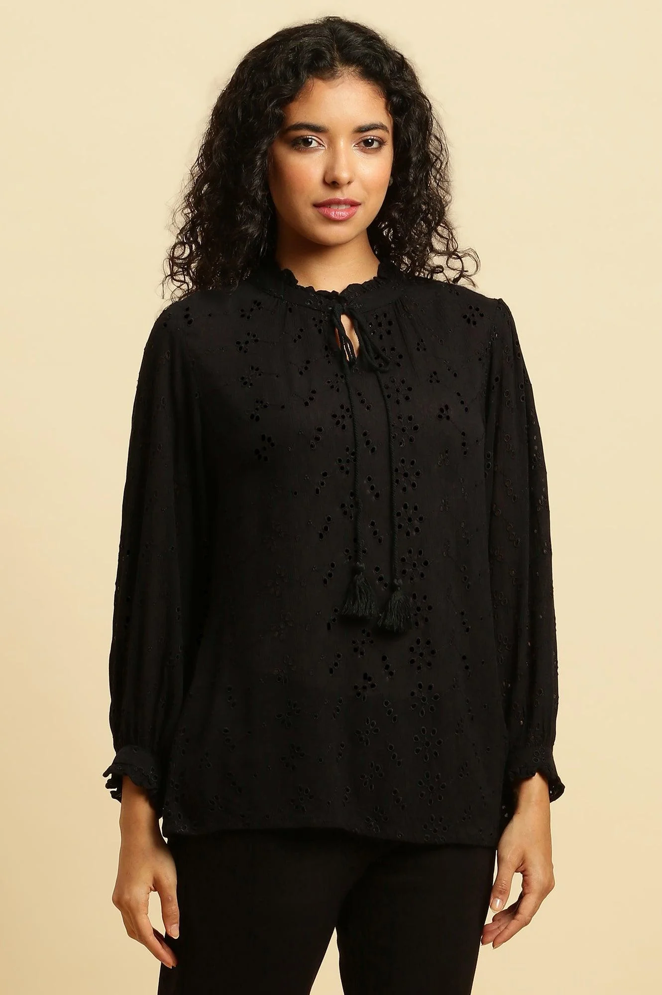 Black Schiffli Western Top With Neck Tie Up - Image 4