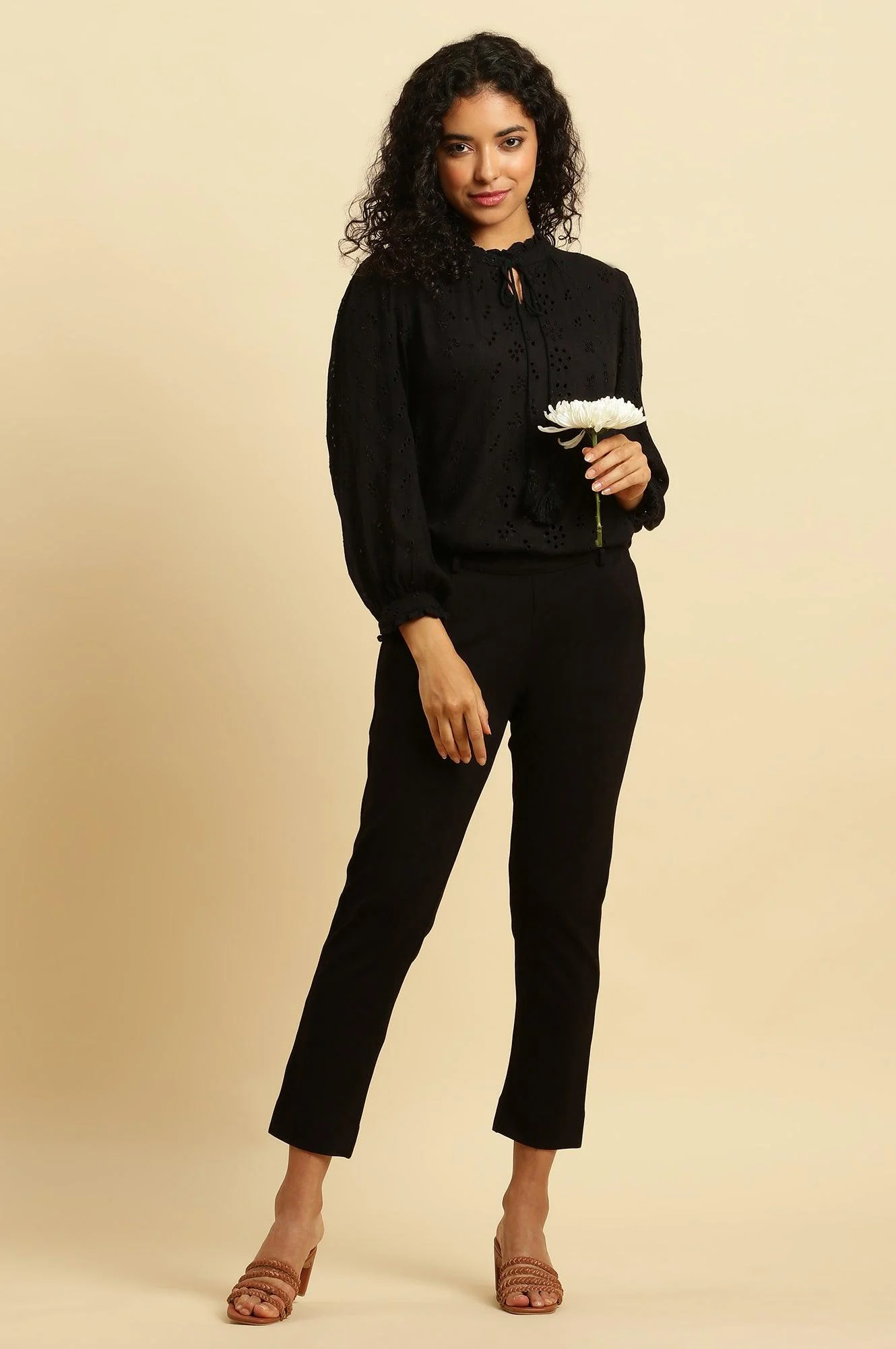 Black Schiffli Western Top With Neck Tie Up - Image 5