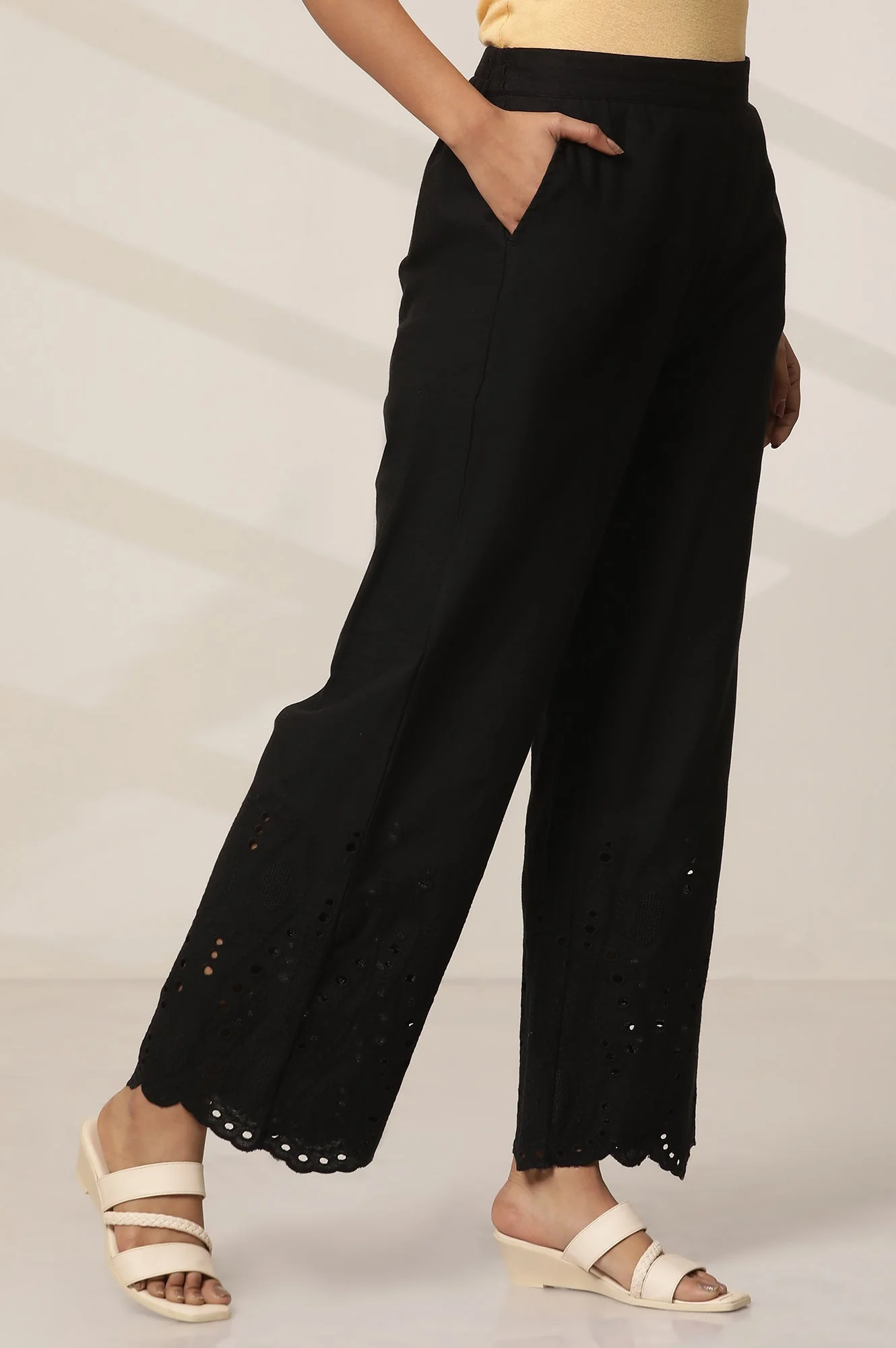Elleven Women's Black Embroidered Semi Flared Cotton Palazzo With Side Pockets - Image 4