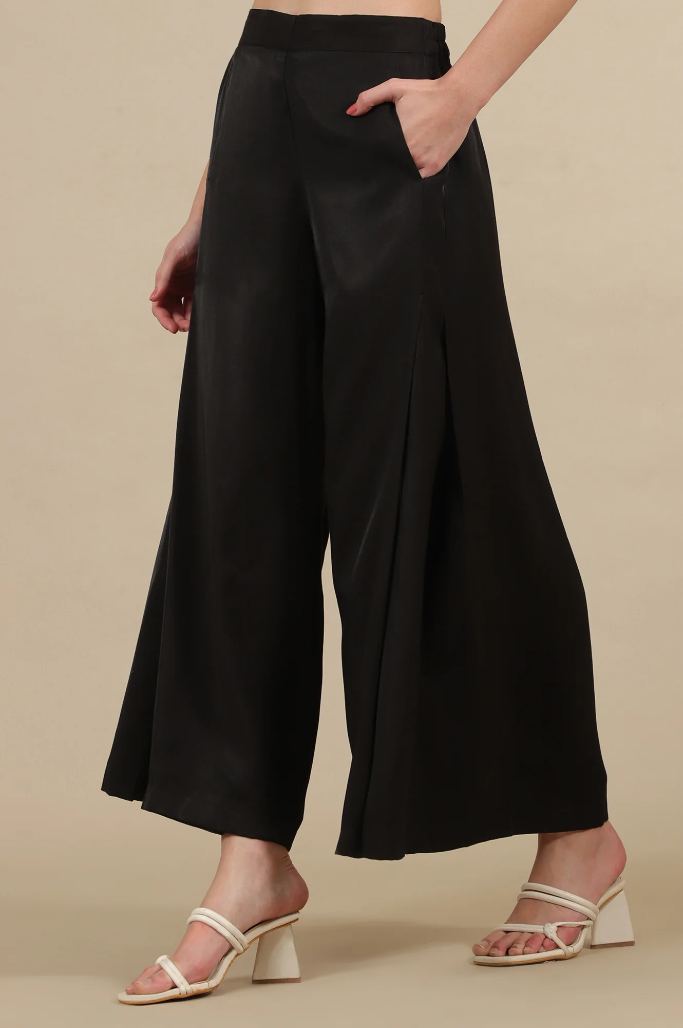 Elleven Women's Black Solid Flared Rayon Palazzo With Pleated Detail - Image 2