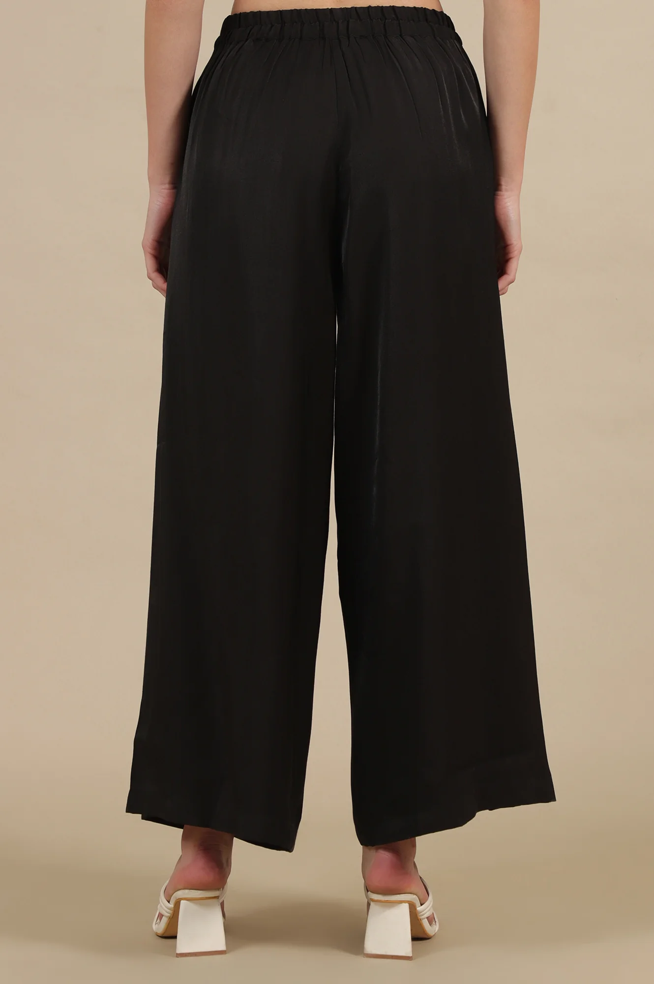Elleven Women's Black Solid Flared Rayon Palazzo With Pleated Detail - Image 3