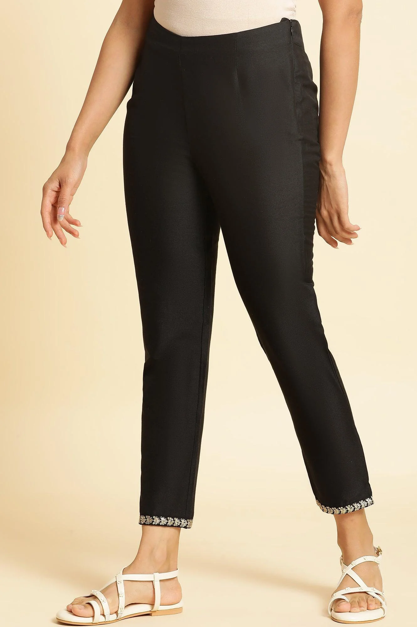 Black Silm Pants With Embroidered Border - Image 4