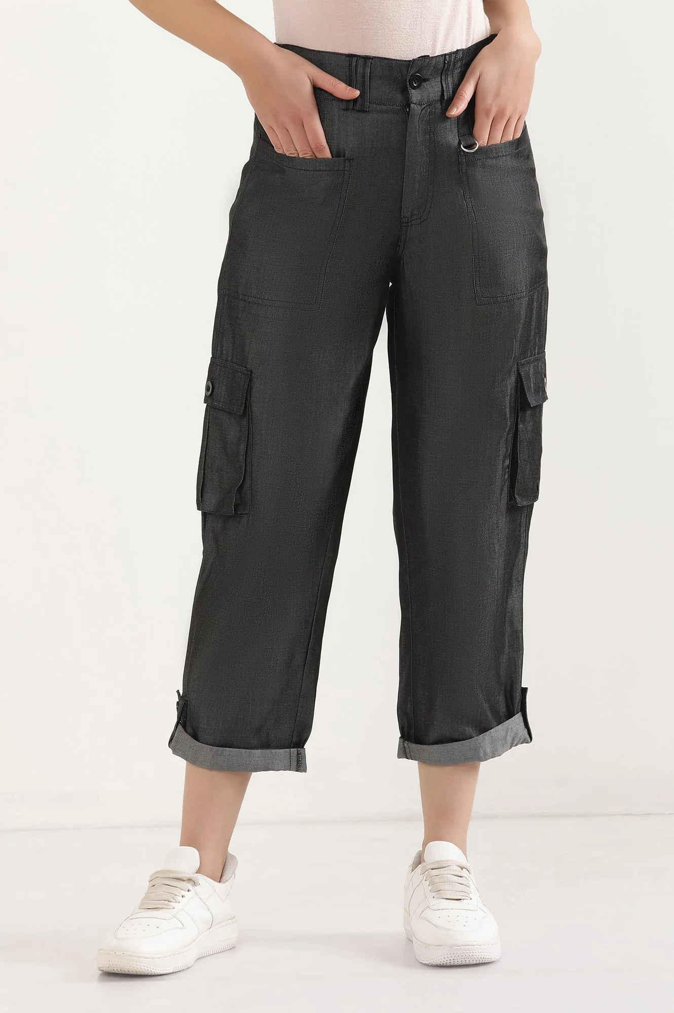 Elleven Women's Black Solid Straight Fit Lyocell Pants With Elasticated Waist - Image 2