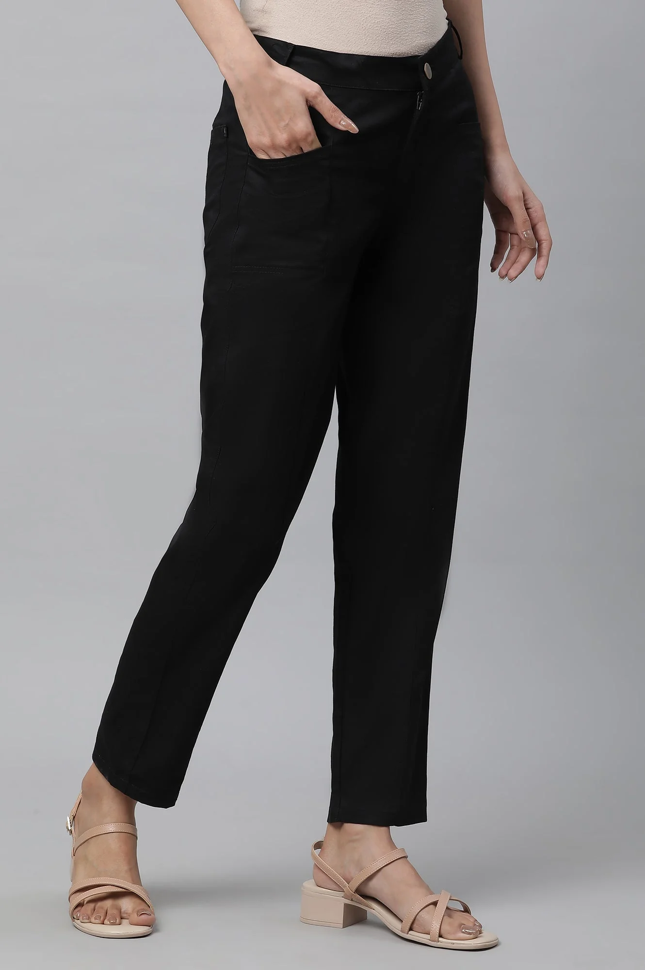 Elleven Women's Black Solid Straight Fit Cotton Pants With Elasticated Back - Image 4