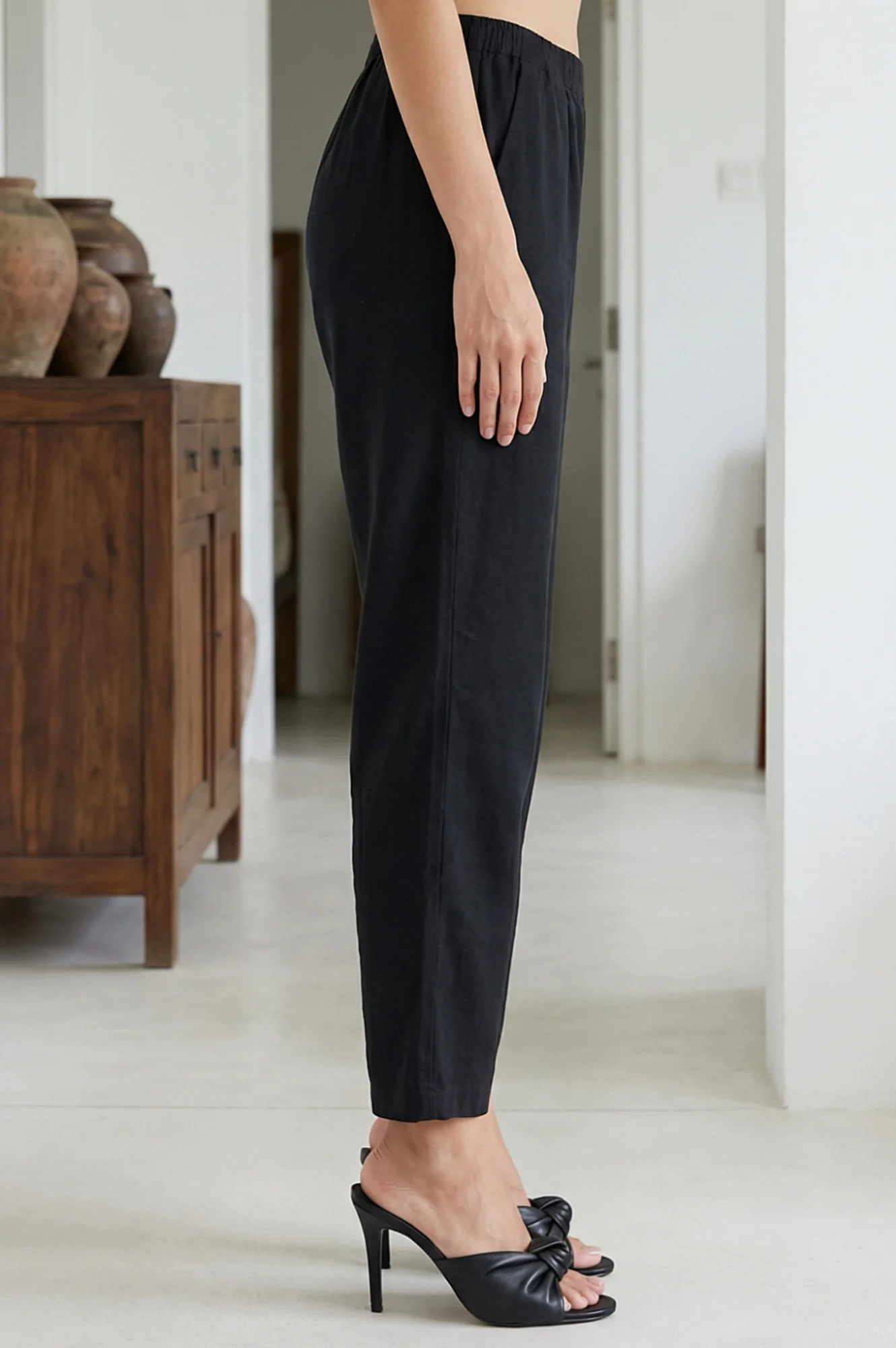 Black Solid Ankle Length Cotton Blend Slim Pants - Image 5