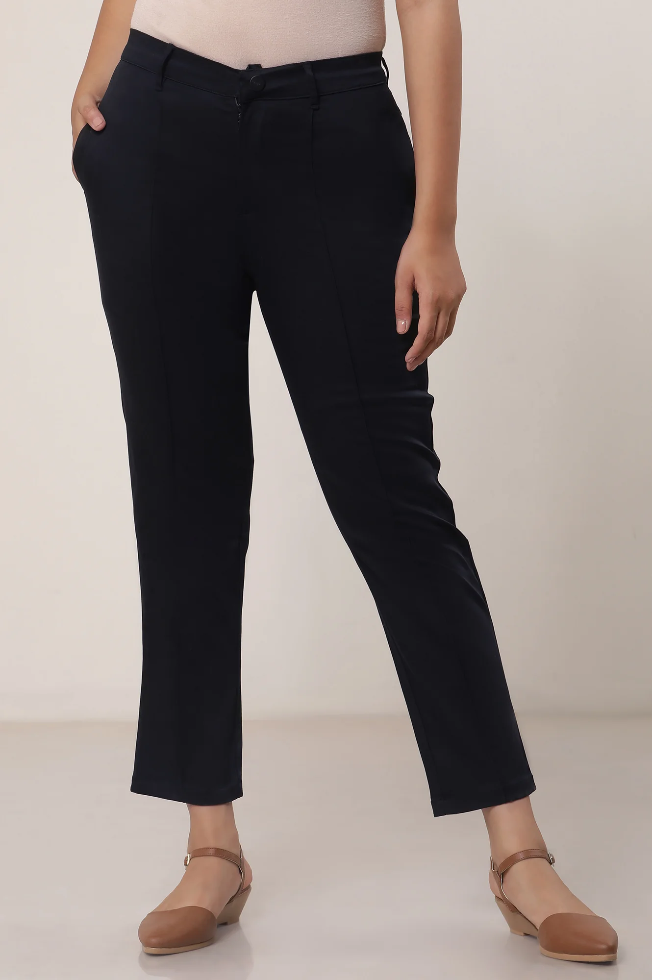 Elleven Women's Black Solid Straight Fit Cotton Pants With Button And Zip Closure - Image 2