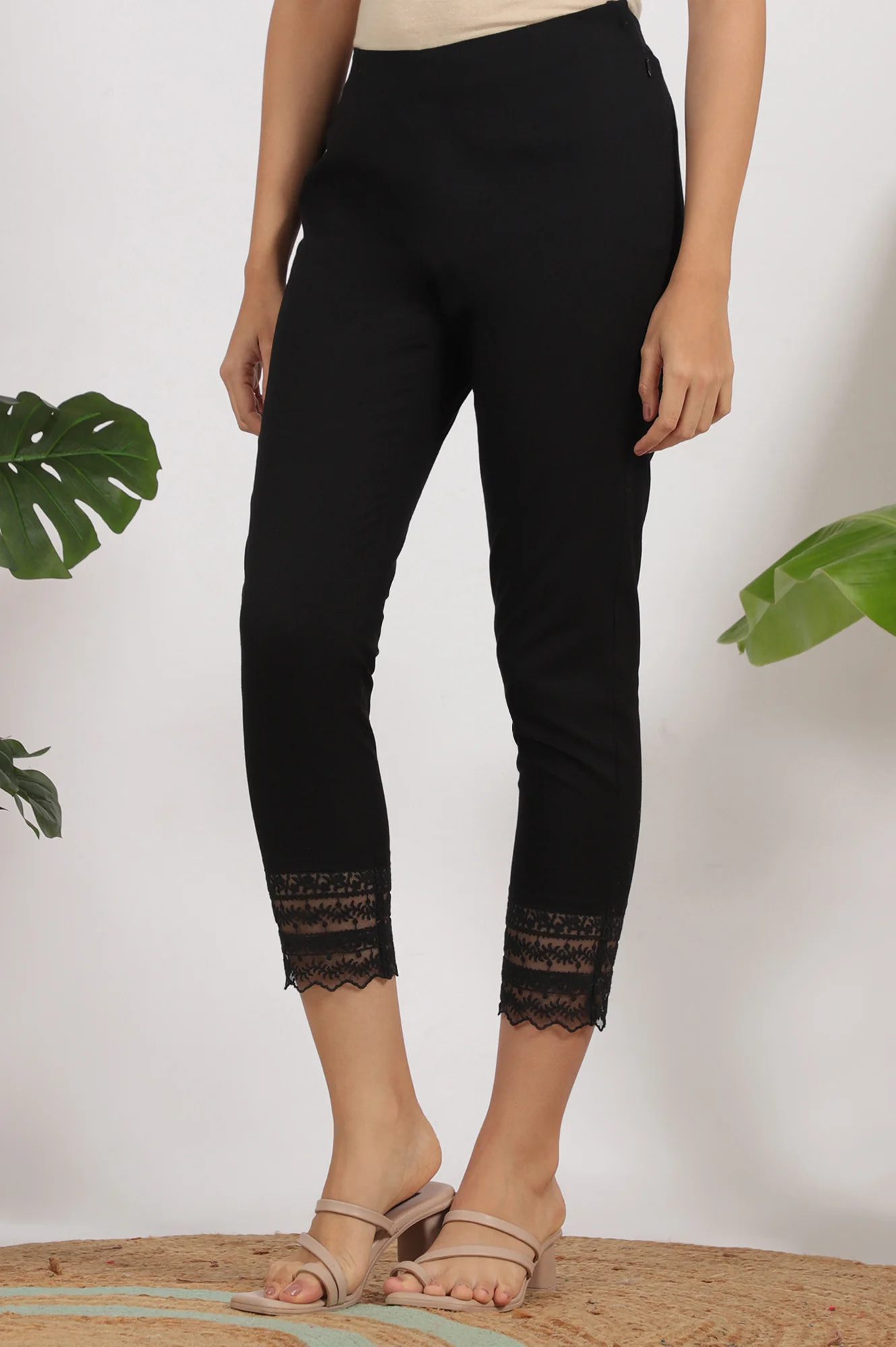 Black Solid Cotton Flax Slim Pants with Lace - Image 3