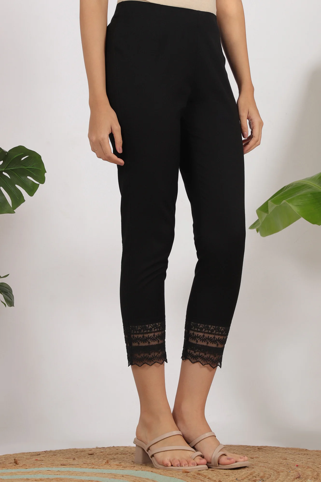 Black Solid Cotton Flax Slim Pants with Lace - Image 5